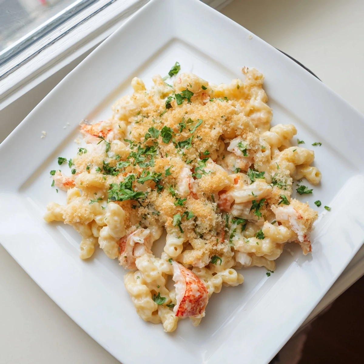 Baked dish of garlic butter lobster mac and cheese featuring tender chunks in rich cheese sauce