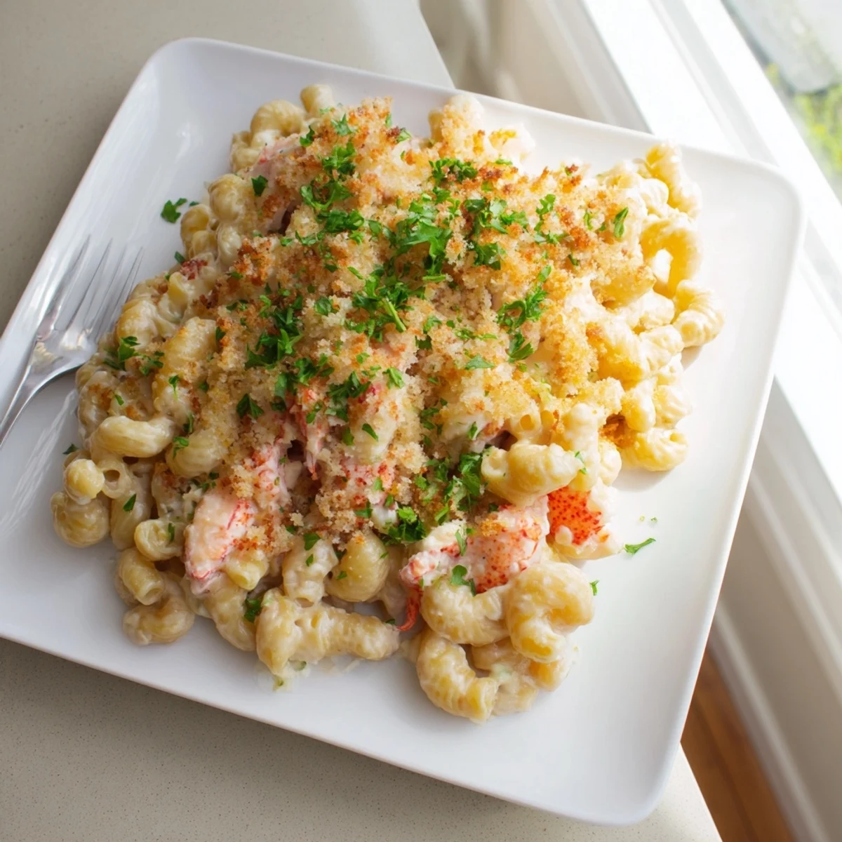 Golden-crusted lobster mac and cheese casserole with succulent seafood pieces in creamy garlic butter sauce