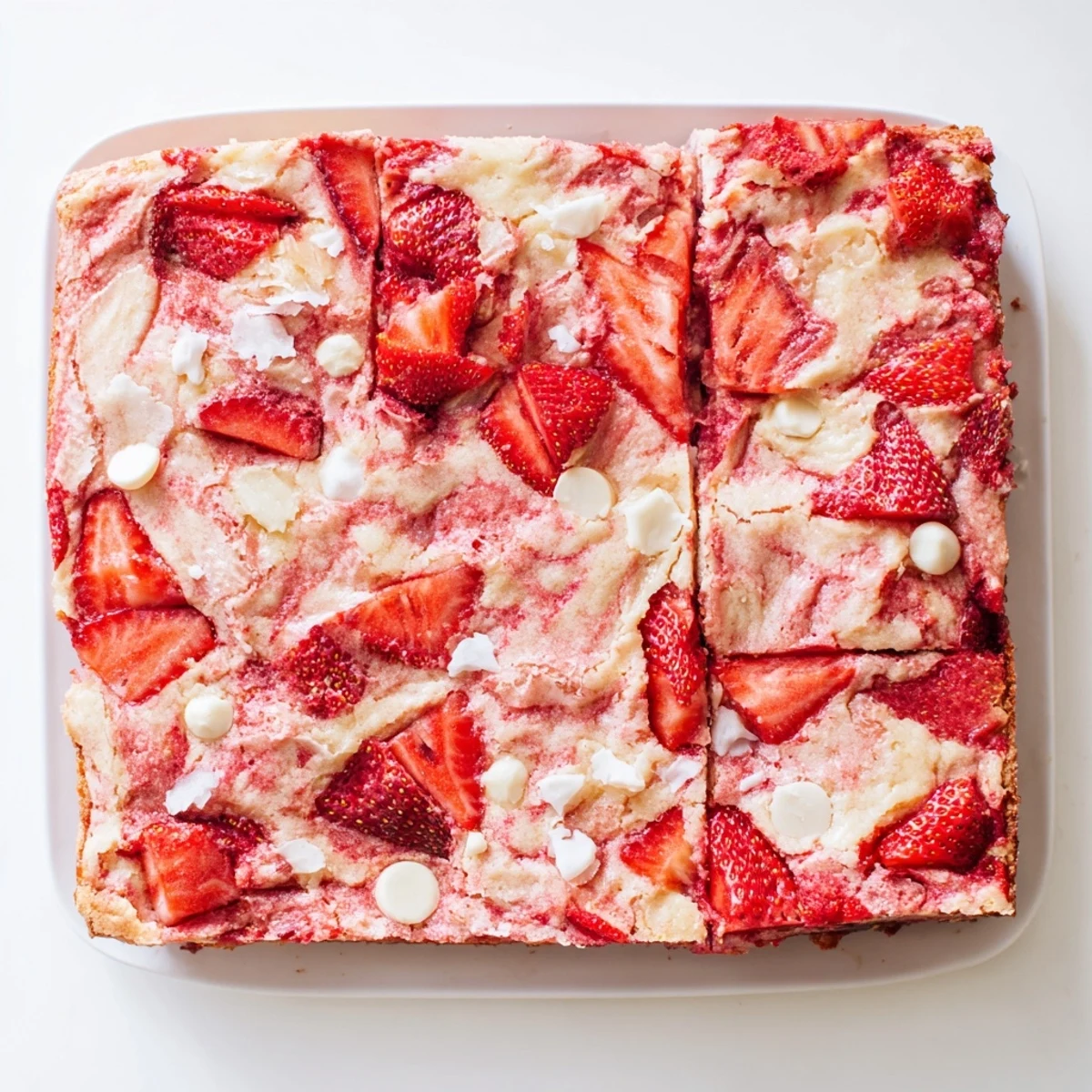 Gooey strawberry earthquake cake with cream cheese swirls and fresh strawberry slices