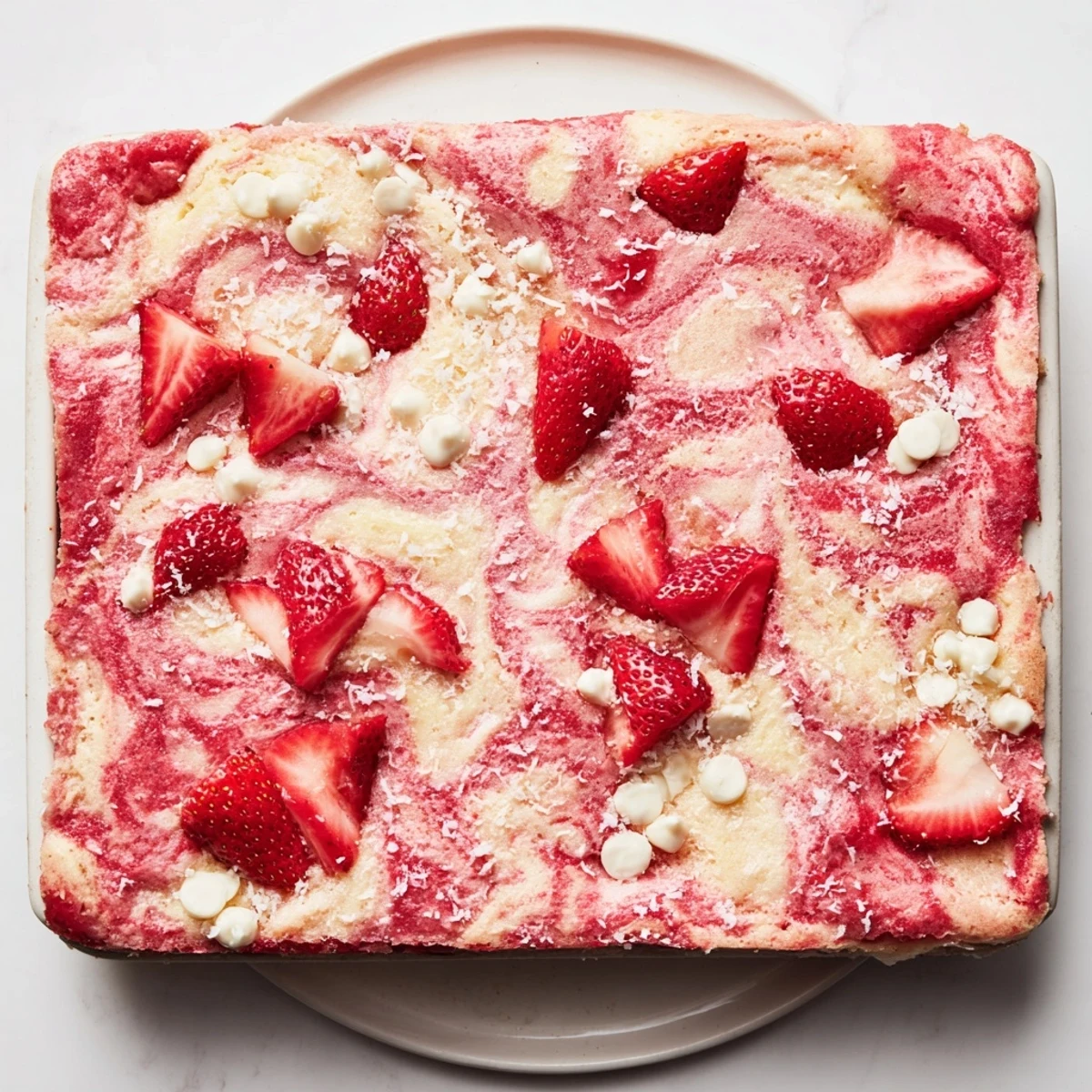Warm strawberry earthquake cake with coconut flakes served in a rectangular baking pan