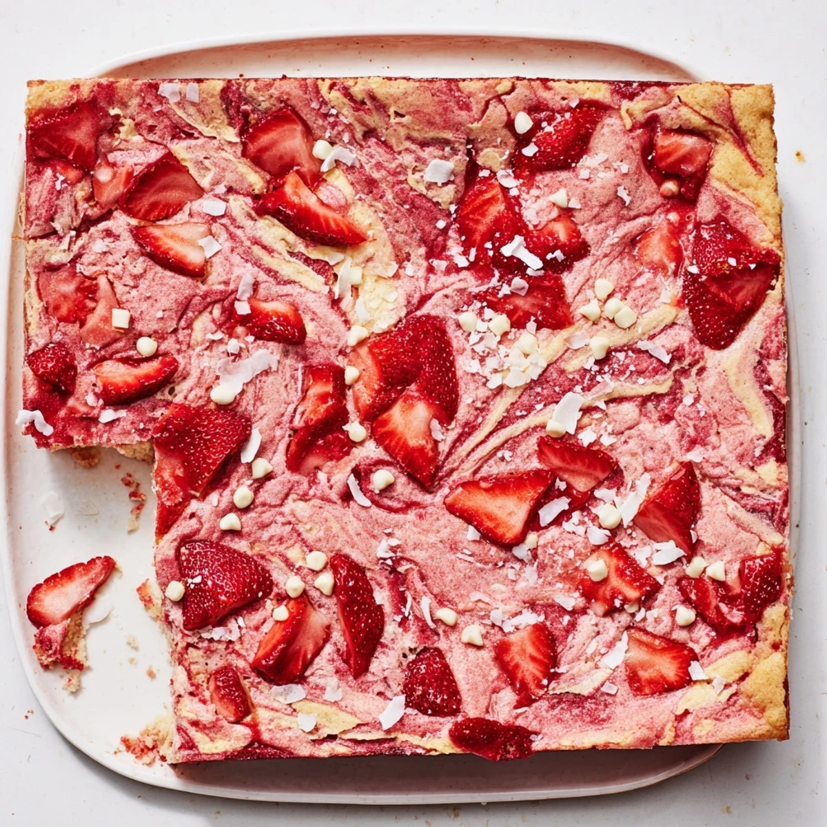 Marbled strawberry earthquake cake featuring white chocolate chips and cracked cream cheese topping