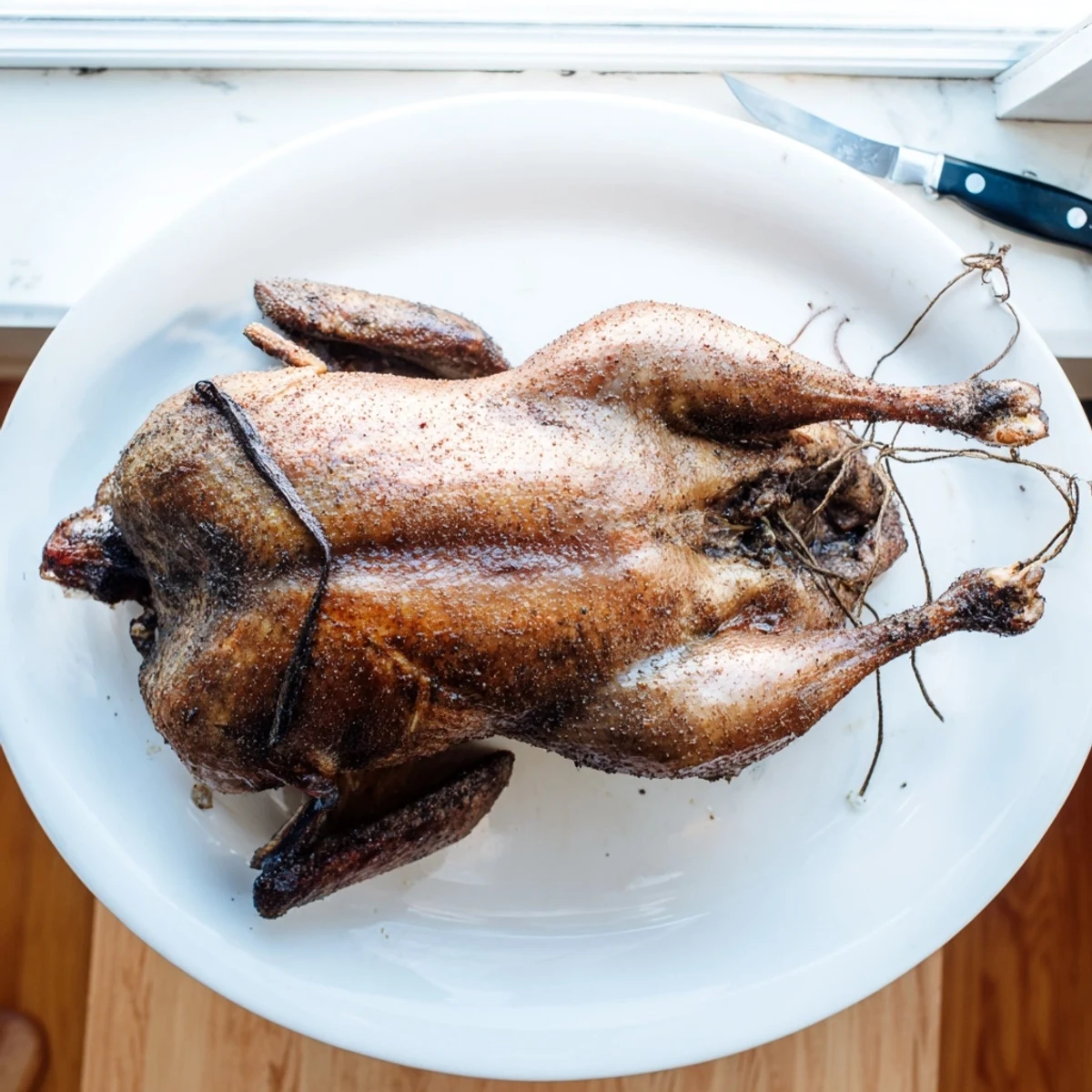 Golden roasted whole duck with crispy five-spice glazed skin displayed on a carving board