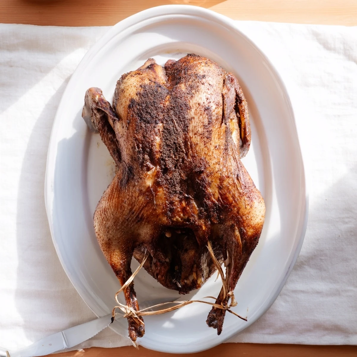 Succulent roasted duck seasoned with five-spice powder featuring perfectly crisped golden skin and juicy meat