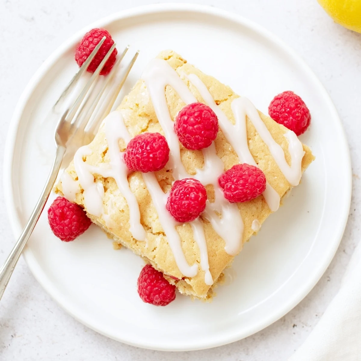 Raspberry lemon blondies cut into squares with tangy glaze and whole raspberries on top