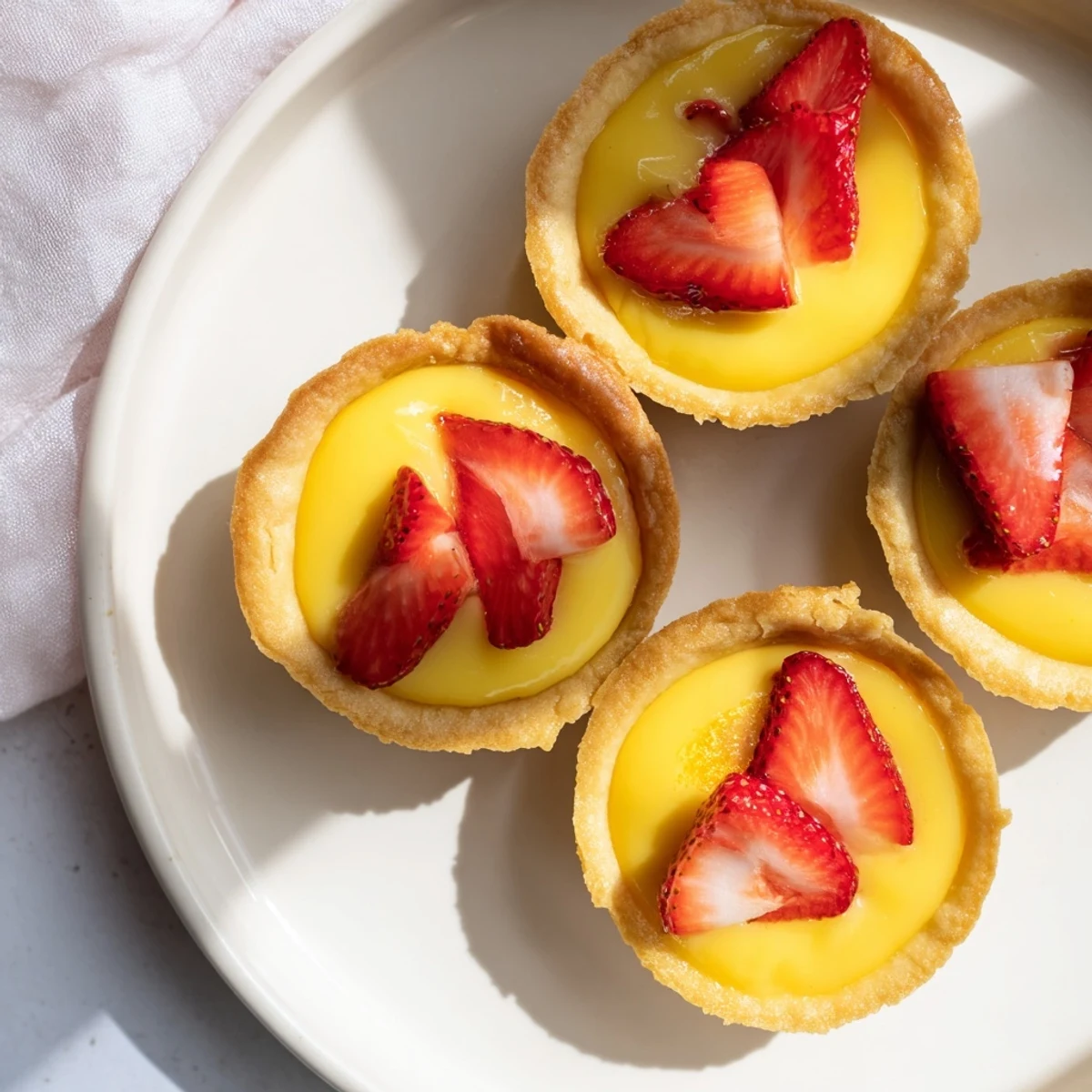 Golden buttery tart shells filled with layers of silky honey custard and bright lemon curd topped with fresh strawberry slices