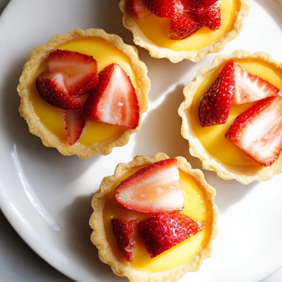 Individual strawberry honey custard tarts featuring zesty lemon curd and ripe berries arranged on golden pastry crusts
