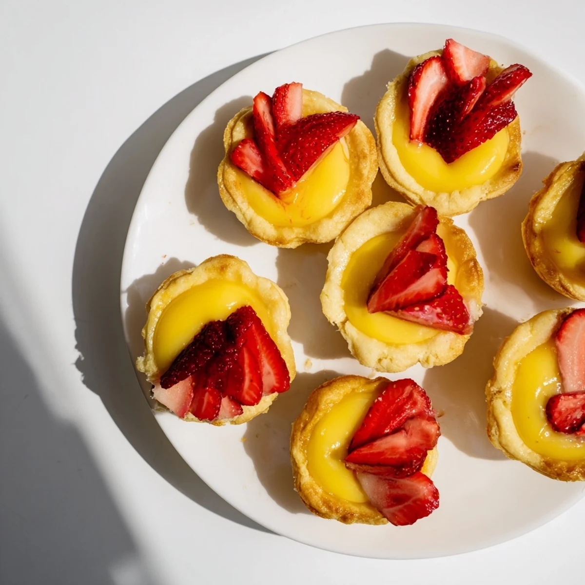 Summer dessert of honey-sweetened custard tarts swirled with tangy lemon curd and crowned with juicy red strawberries