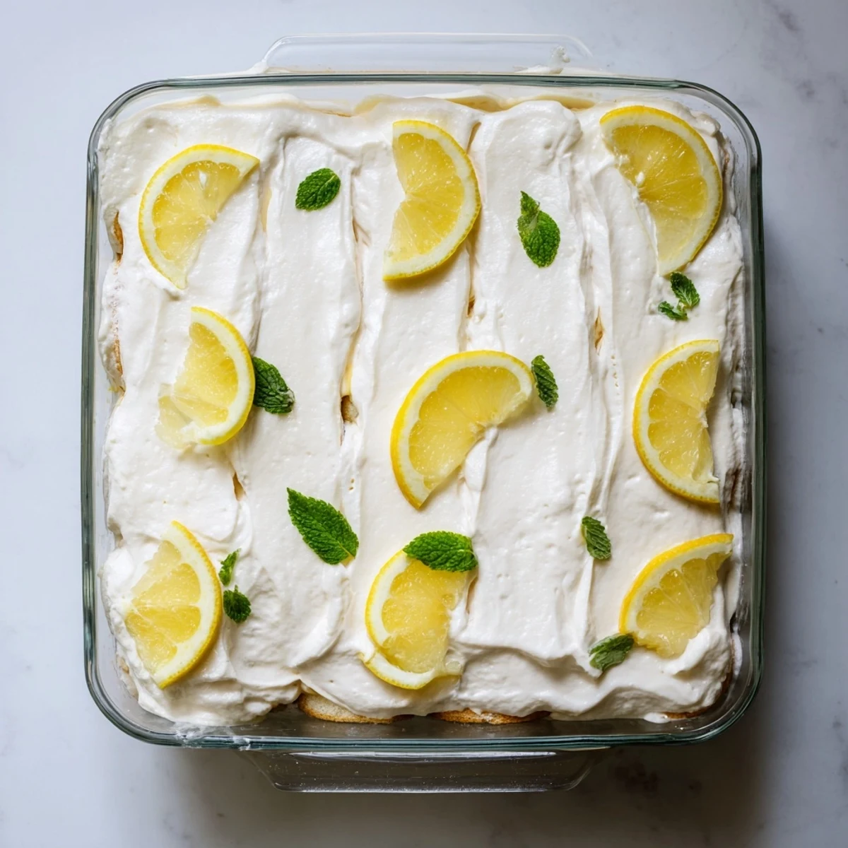 Golden slice of lemon tiramisu dessert showing distinct layers of citrus-dipped ladyfingers and fluffy white mascarpone filling on a white plate