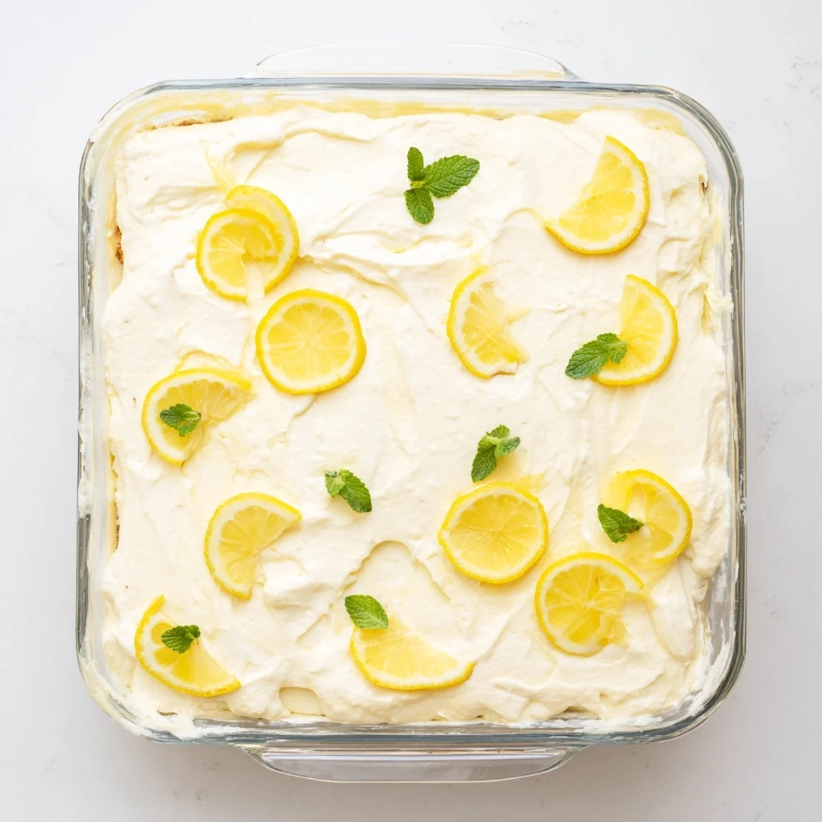 Fresh lemon tiramisu layered with lemon-soaked ladyfingers and creamy mascarpone cream topped with bright lemon slices and fresh mint