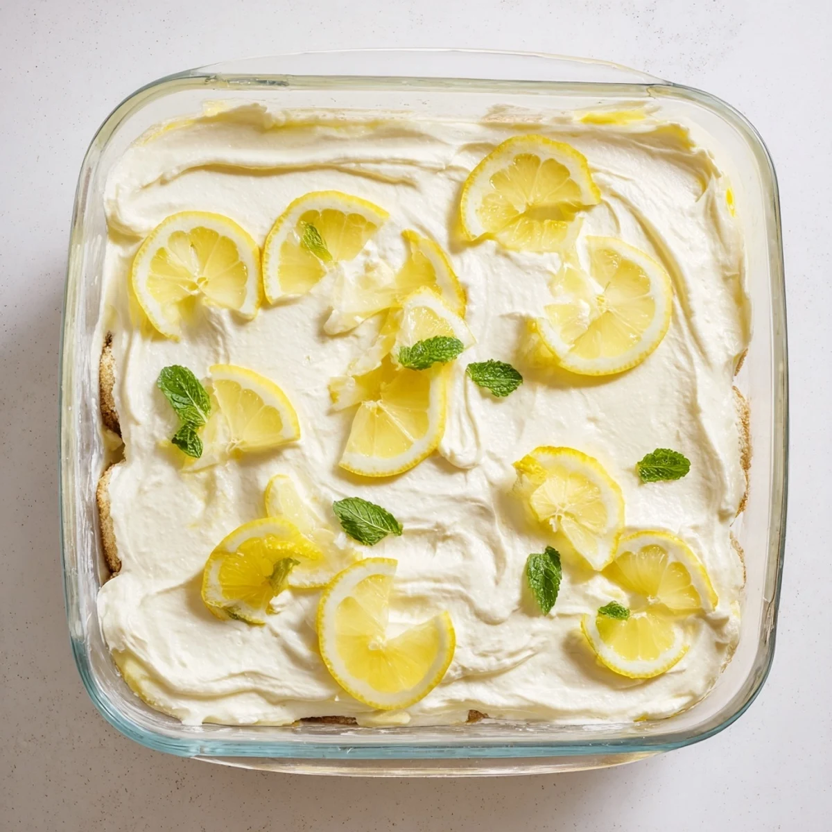 Close-up of fresh lemon tiramisu in a glass dish with whipped mascarpone layers and garnished with thin lemon wheel and mint sprig