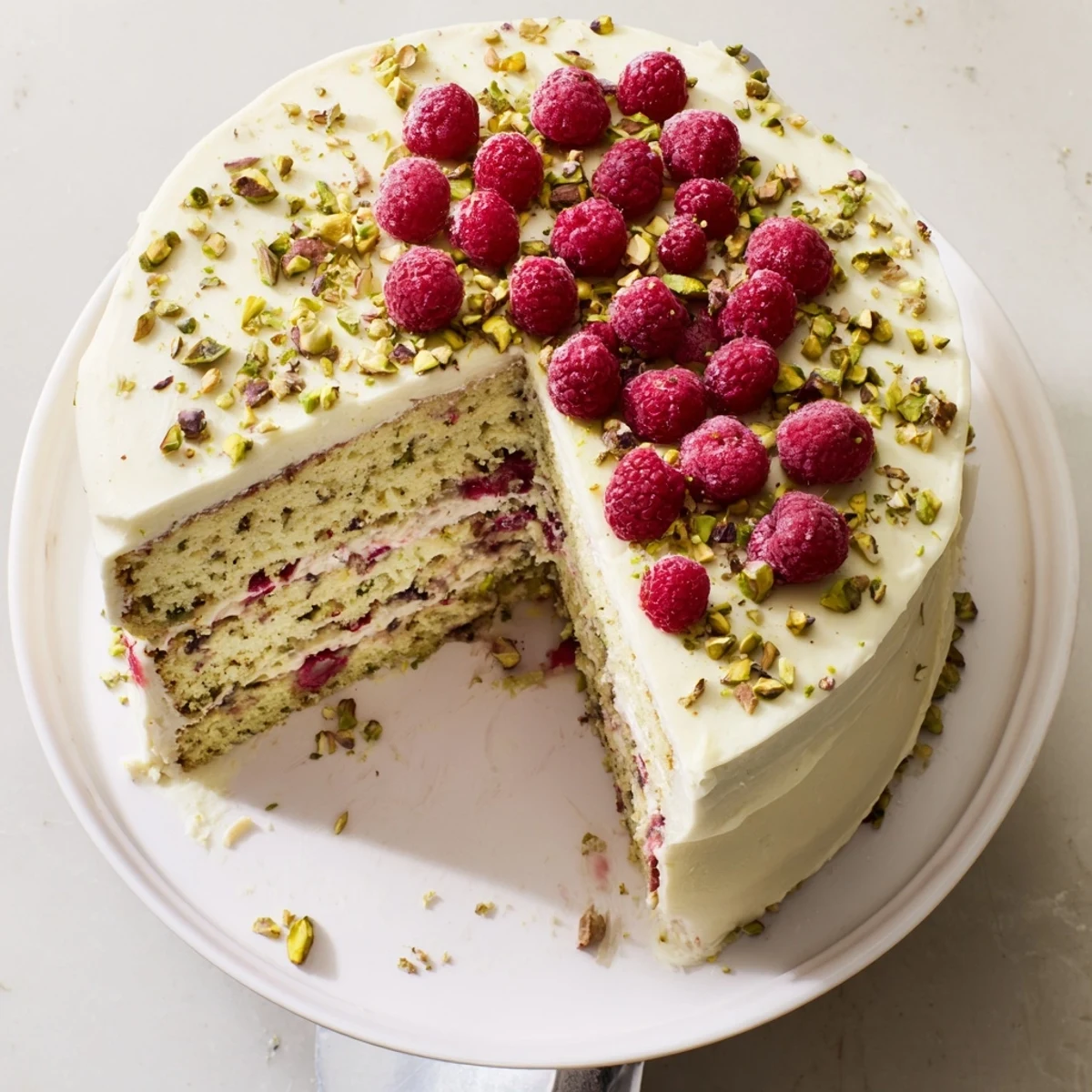 Two-layer pistachio raspberry cake topped with cream cheese frosting, fresh raspberries, and chopped pistachios