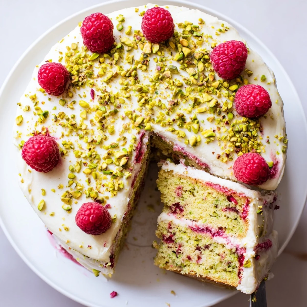 Homemade pistachio raspberry cake decorated with whole fresh raspberries and nutty pistachio crumbles on top