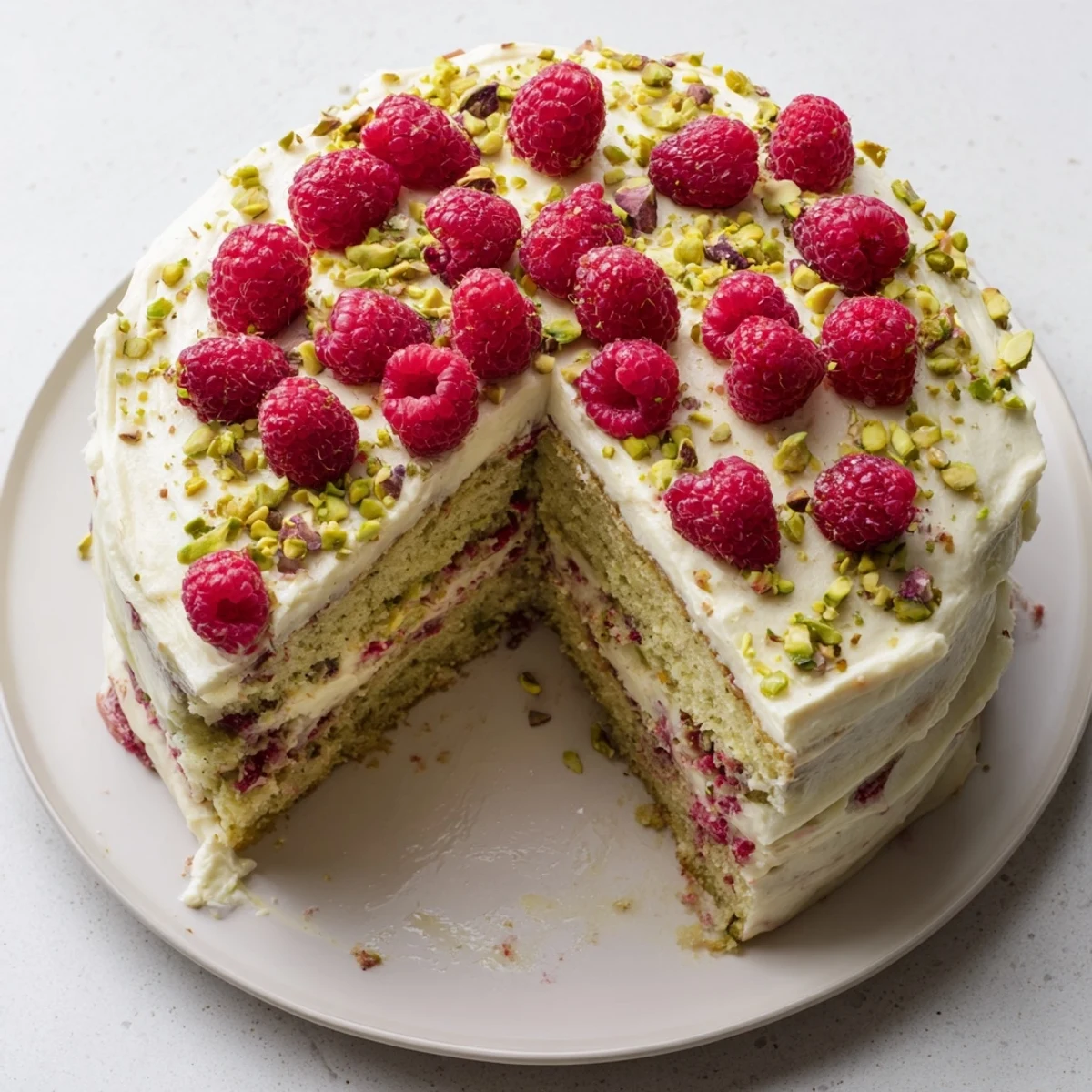 Elegant green pistachio raspberry cake slices showing bright red berries and creamy white frosting interior