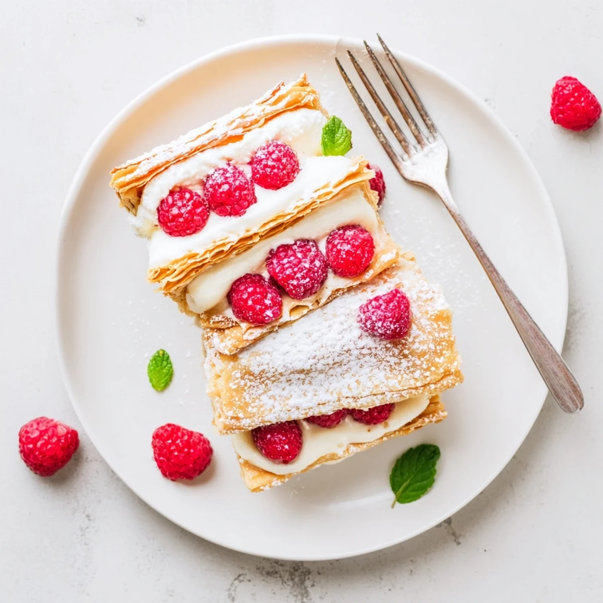 Triple stack of crisp puff pastry filled with smooth vanilla cream and juicy raspberries dusted with powdered sugar