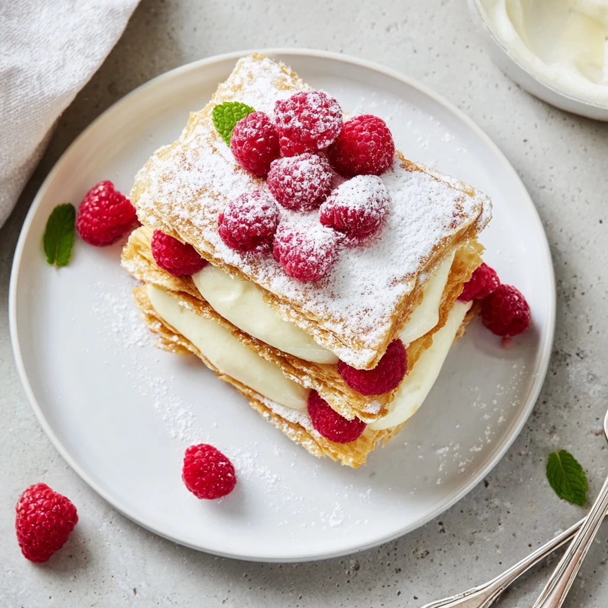 Golden Raspberry Cream Napoleons layered with fluffy vanilla pastry cream and fresh bright red berries on a white plate