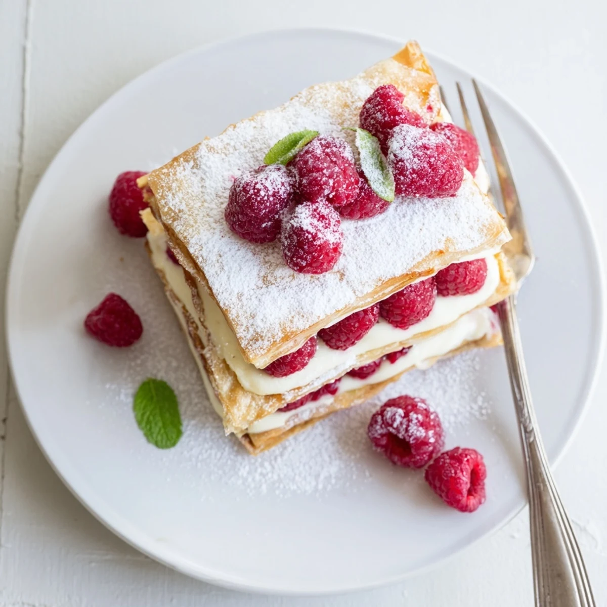 French dessert featuring flaky pastry rectangles sandwiching sweet vanilla bean cream and plump fresh raspberries with mint garnish