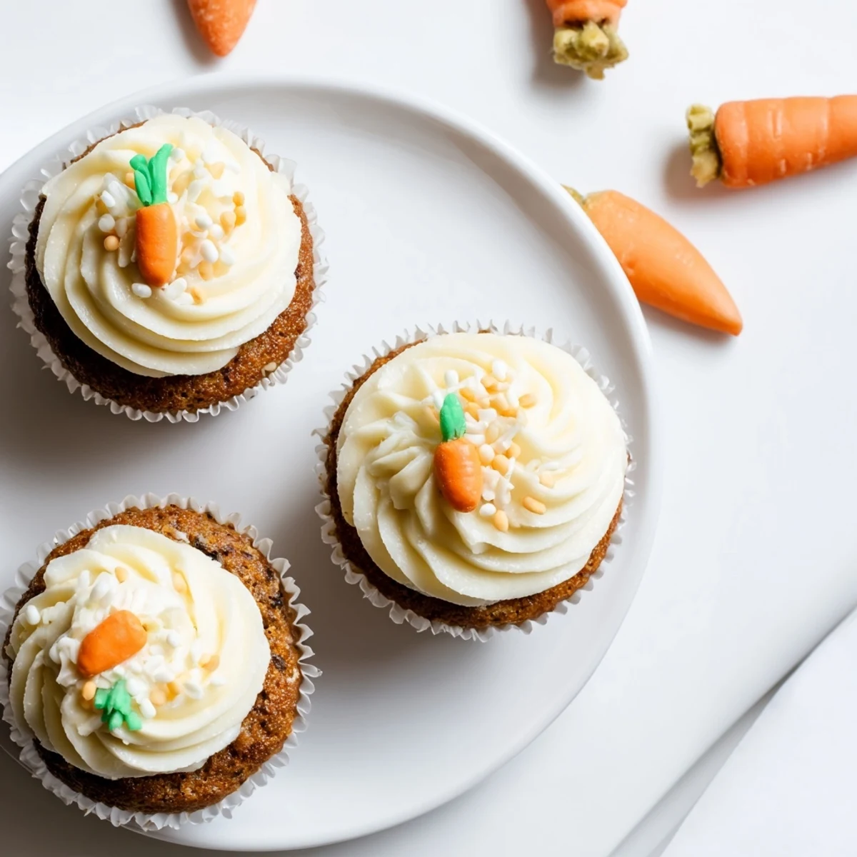 Colorful spread of easy Easter dessert recipes featuring carrot cake cupcakes, bunny cookies, and chocolate nests on a white platter