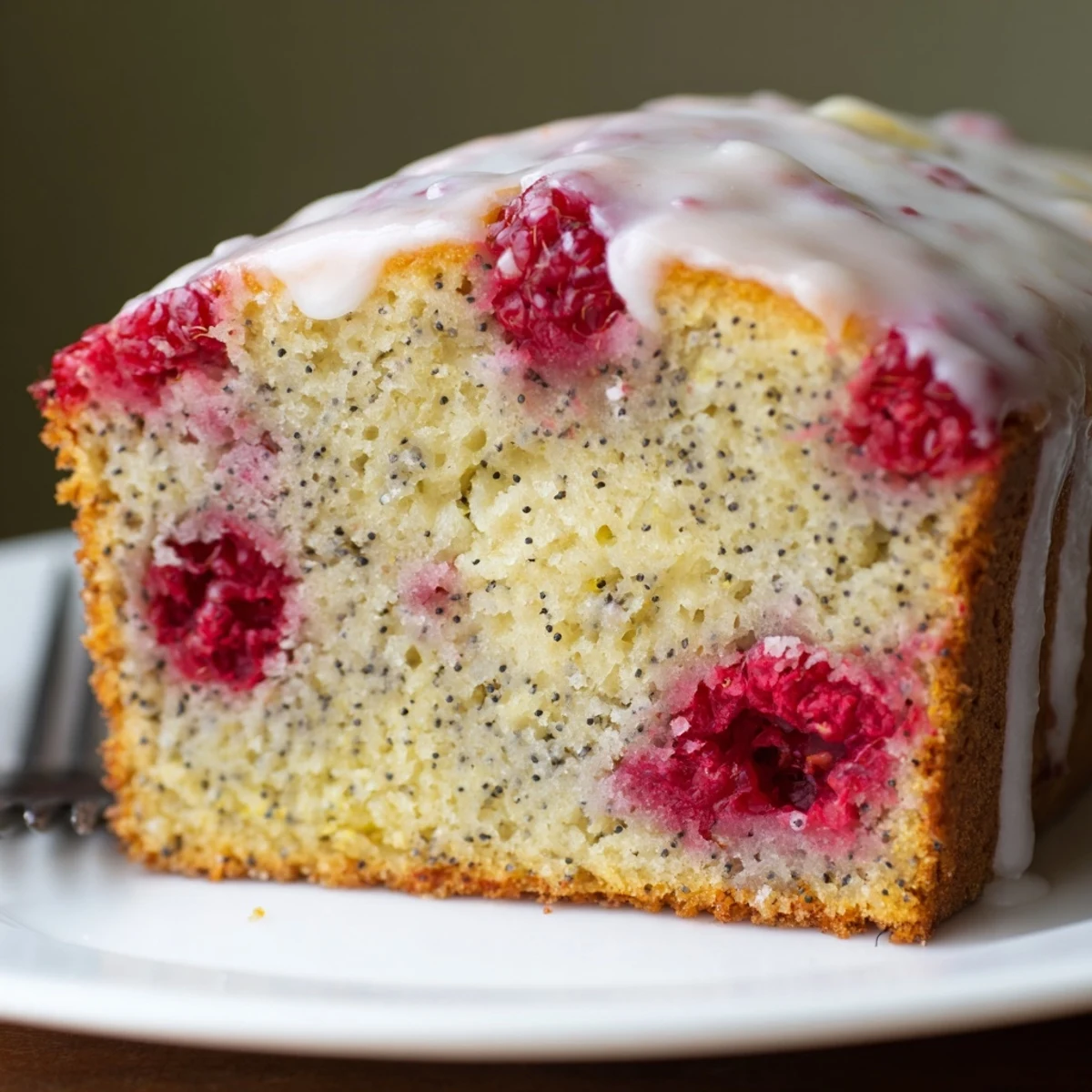 Sliced lemon poppyseed loaf cake revealing bright red raspberries inside the tender yellow crumb.