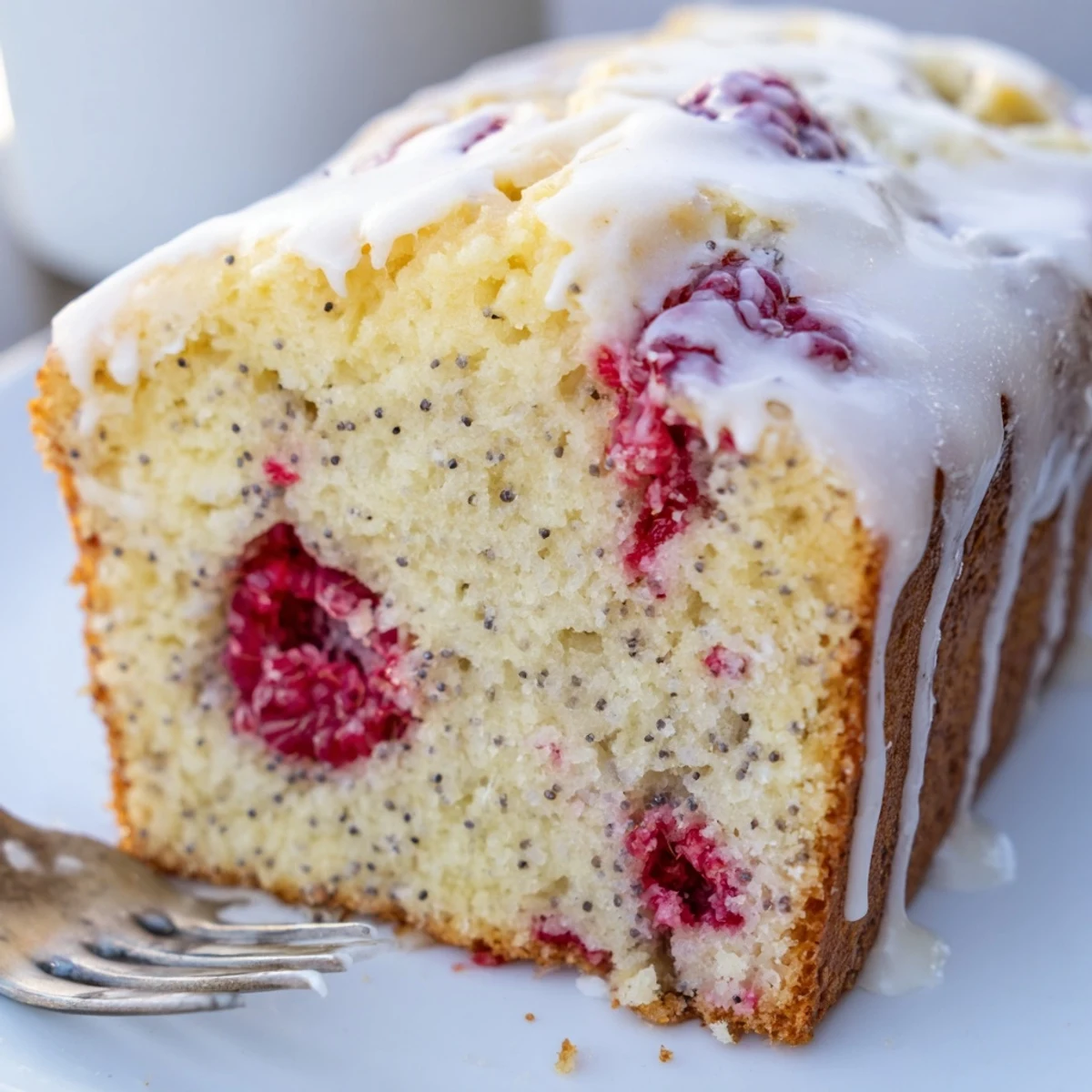 Whole raspberry lemon poppyseed loaf topped with zest curls and powdered sugar drizzle on wire rack.