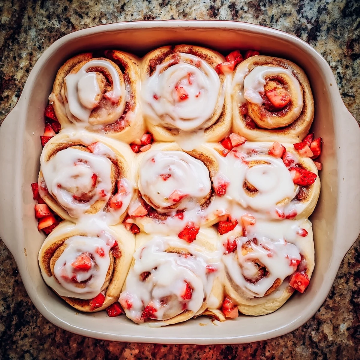 Freshly baked strawberry cinnamon rolls drizzled with creamy white glaze on a serving plate
