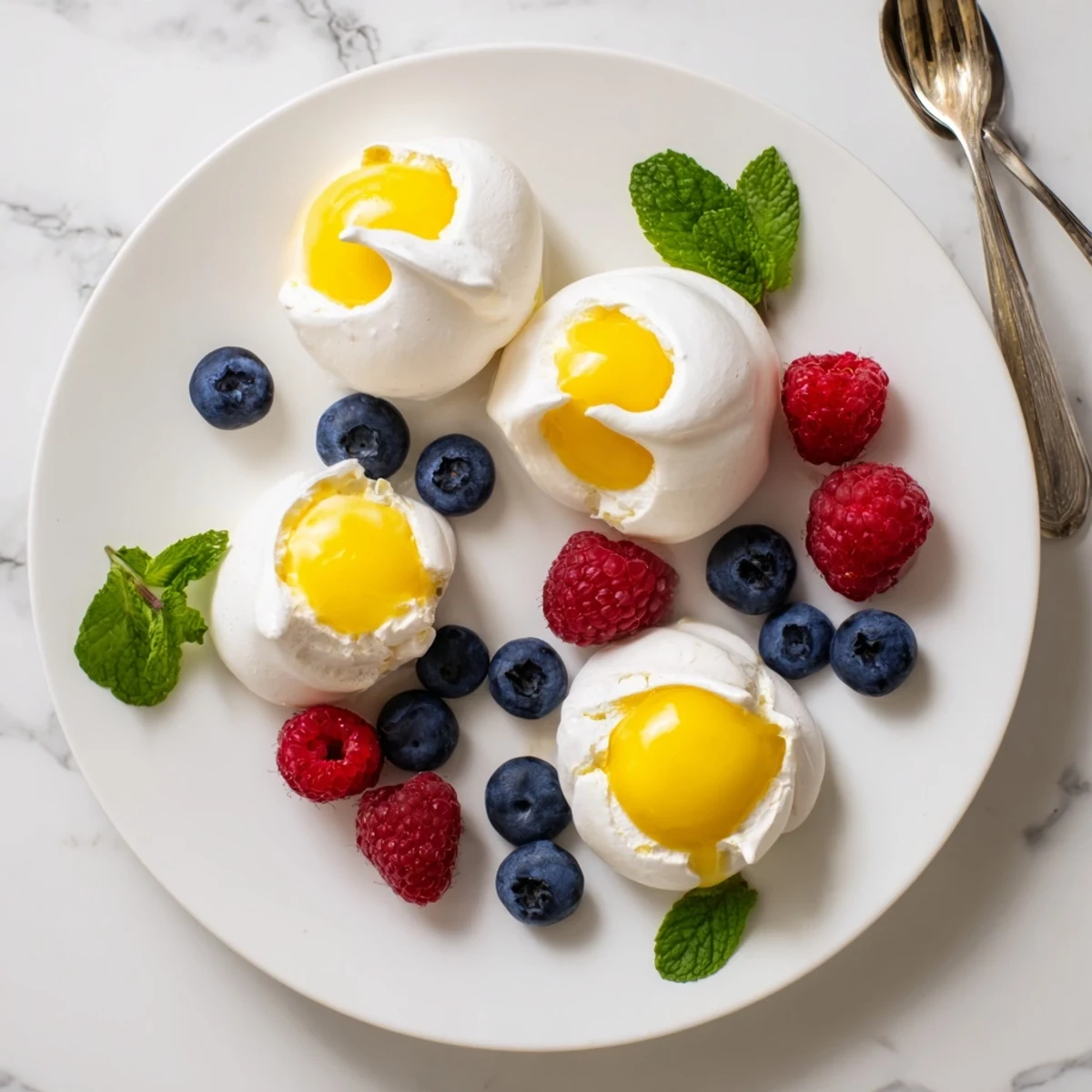 Golden meringues with citrus curd topped with fresh berries and mint