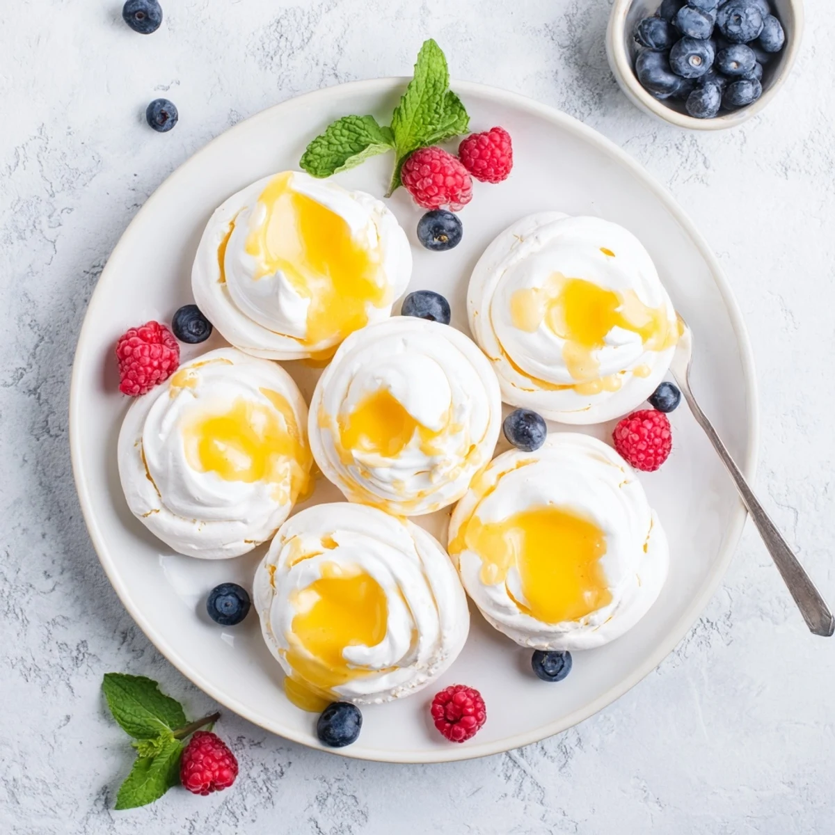 Light airy meringues with citrus curd garnished with colorful fresh berries