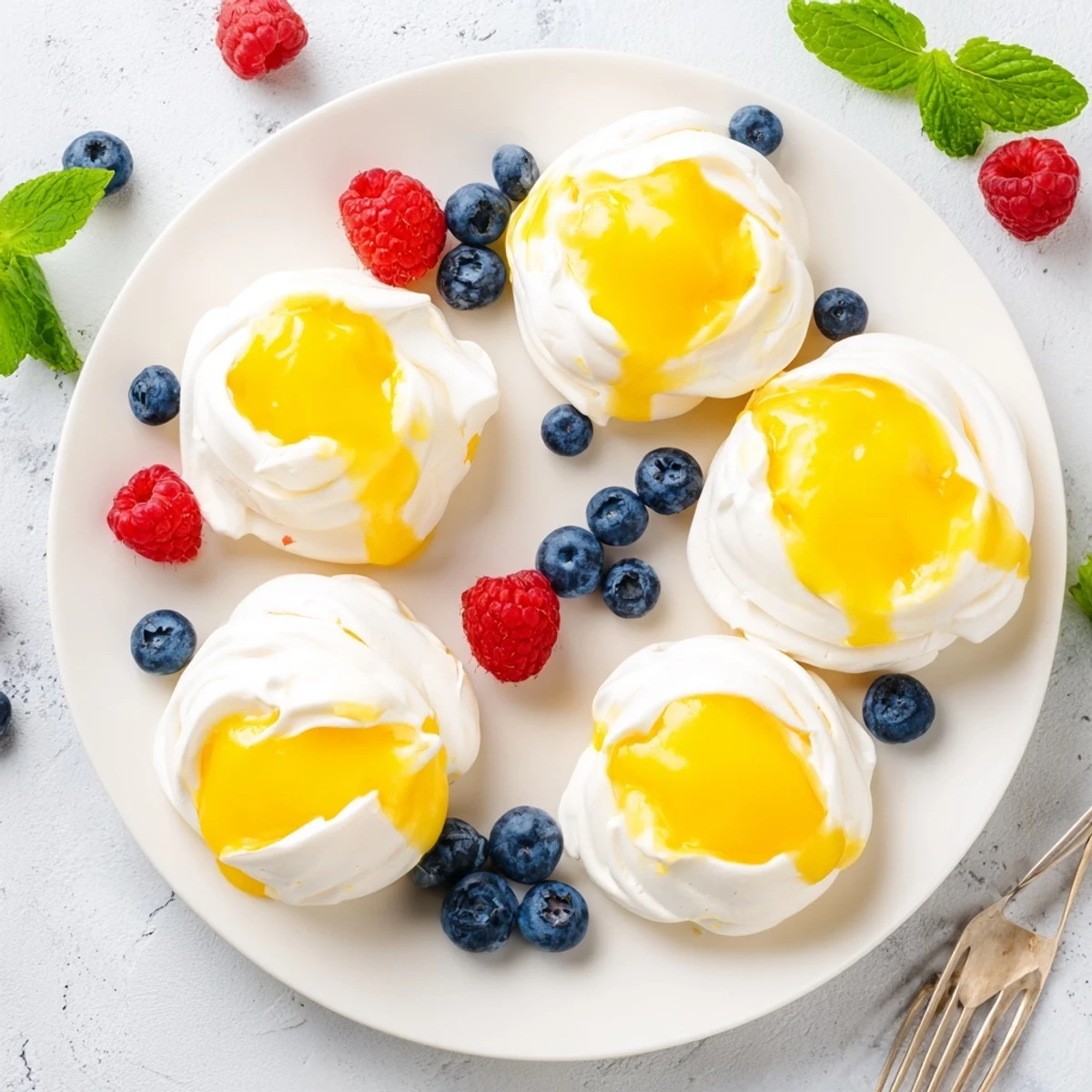 Crisp meringue shells filled with tangy lemon orange curd and edible flowers