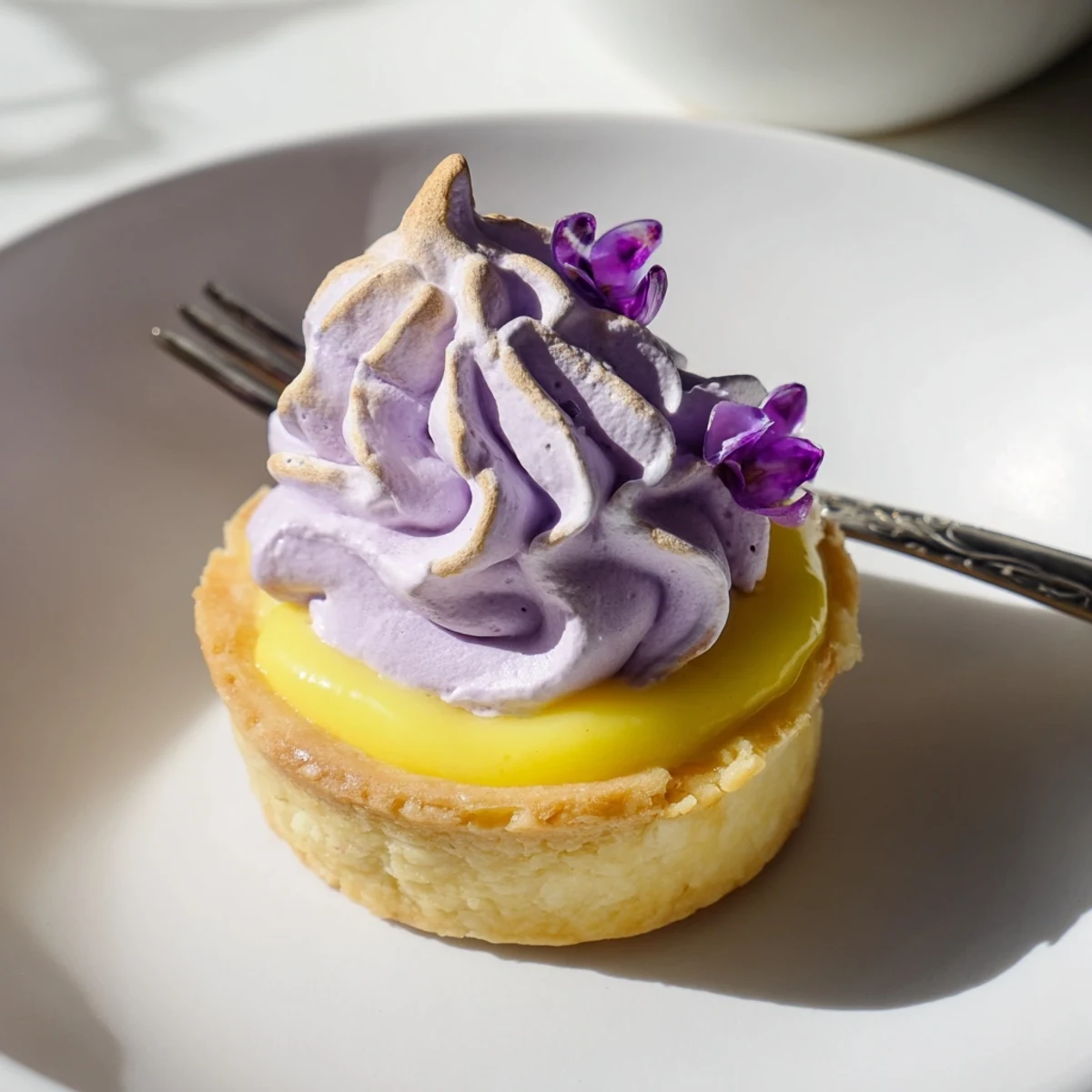 Golden mini lemon tart with lilac meringue garnished with fresh edible flowers on white plate