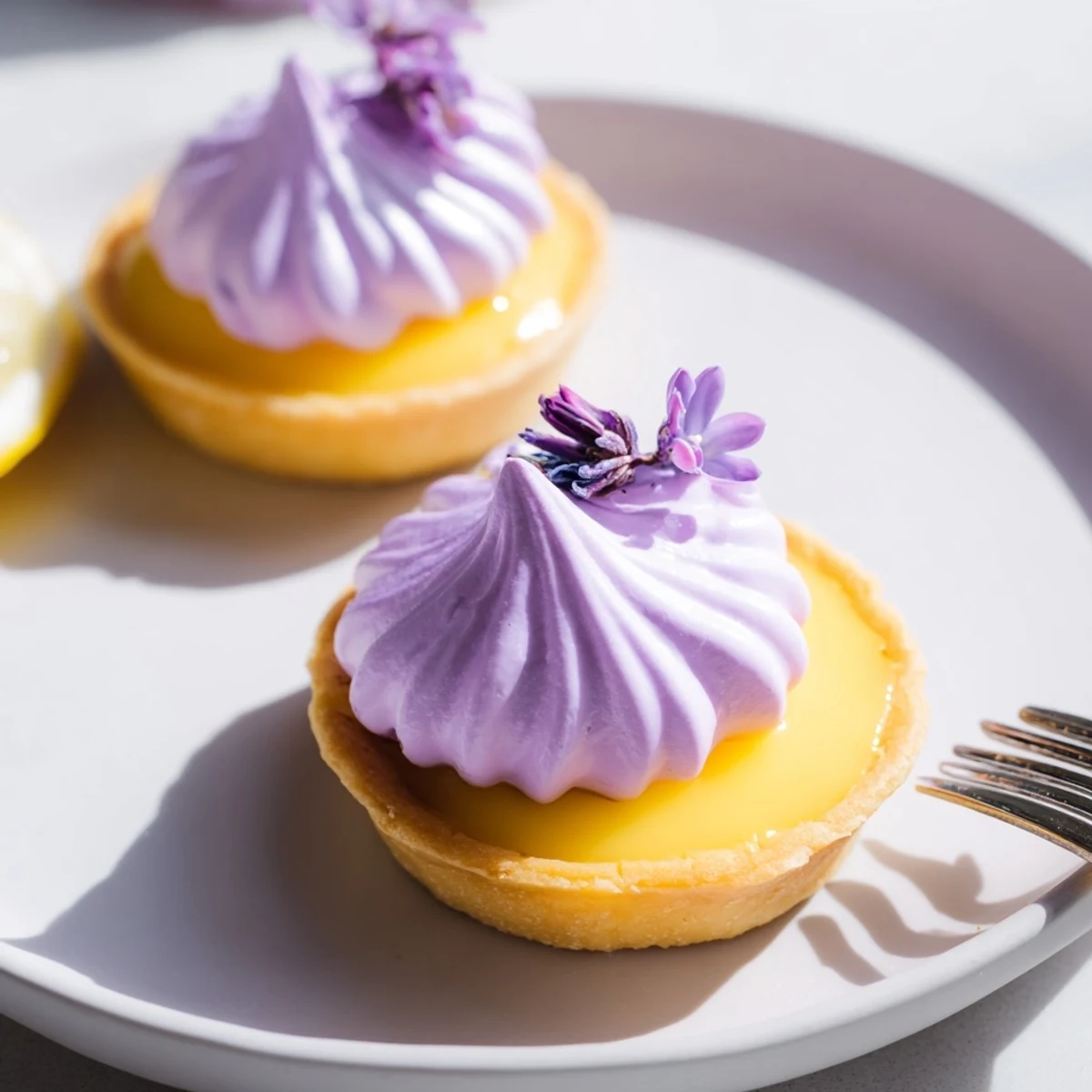 Close-up of French-inspired mini lemon tart with fluffy lilac meringue topping and fresh blossoms
