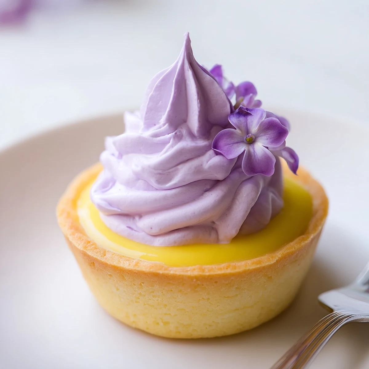 Six mini lemon tarts with torched lilac meringue served on rustic wooden board for spring dessert