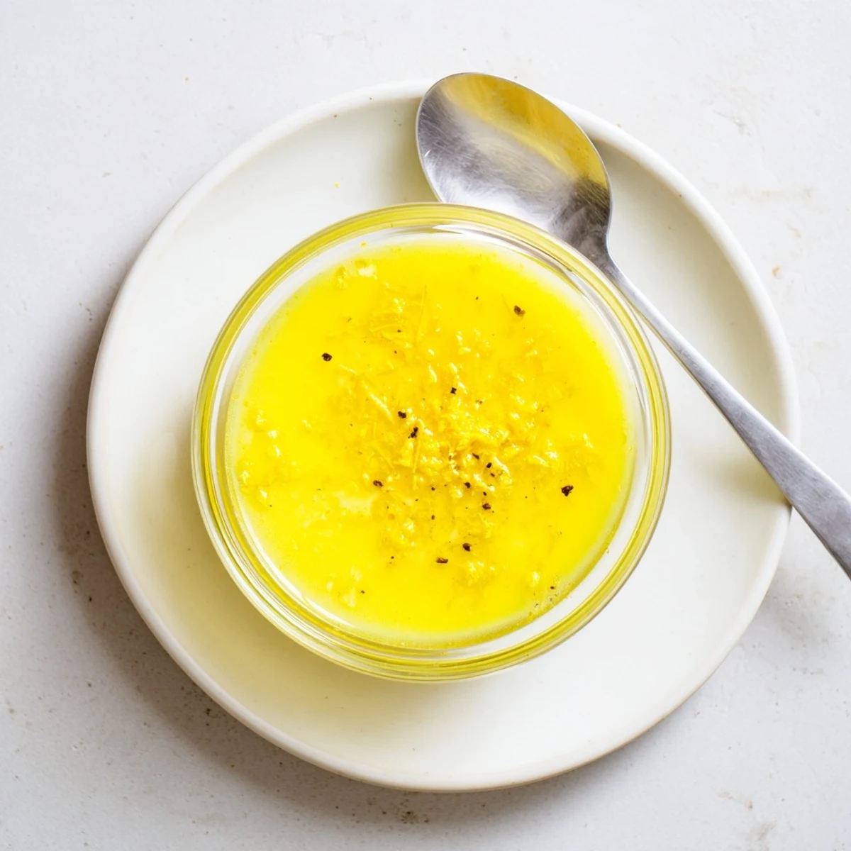 Homemade bright lemon vinaigrette dressing whisked in small bowl with garlic and honey ingredients visible