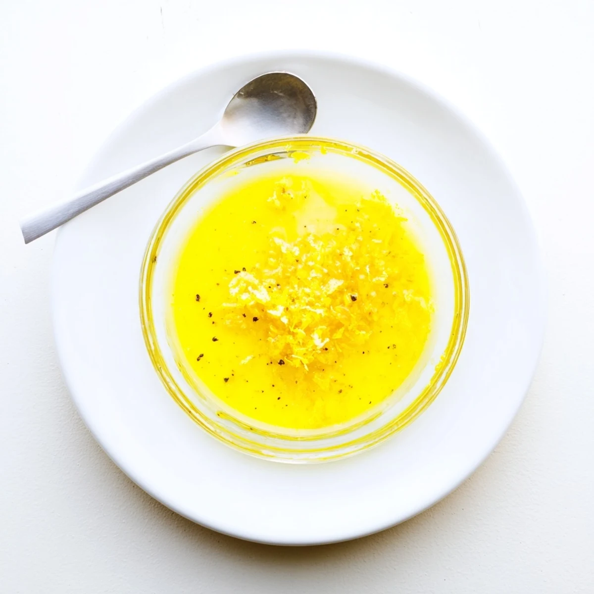 Creamy bright lemon vinaigrette dressing in glass jar with fresh lemon wedges and olive oil
