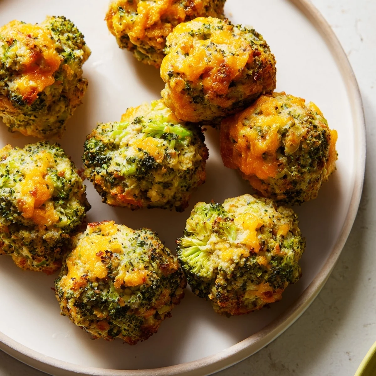 Golden baked broccoli and cheese balls arranged on a white serving platter
