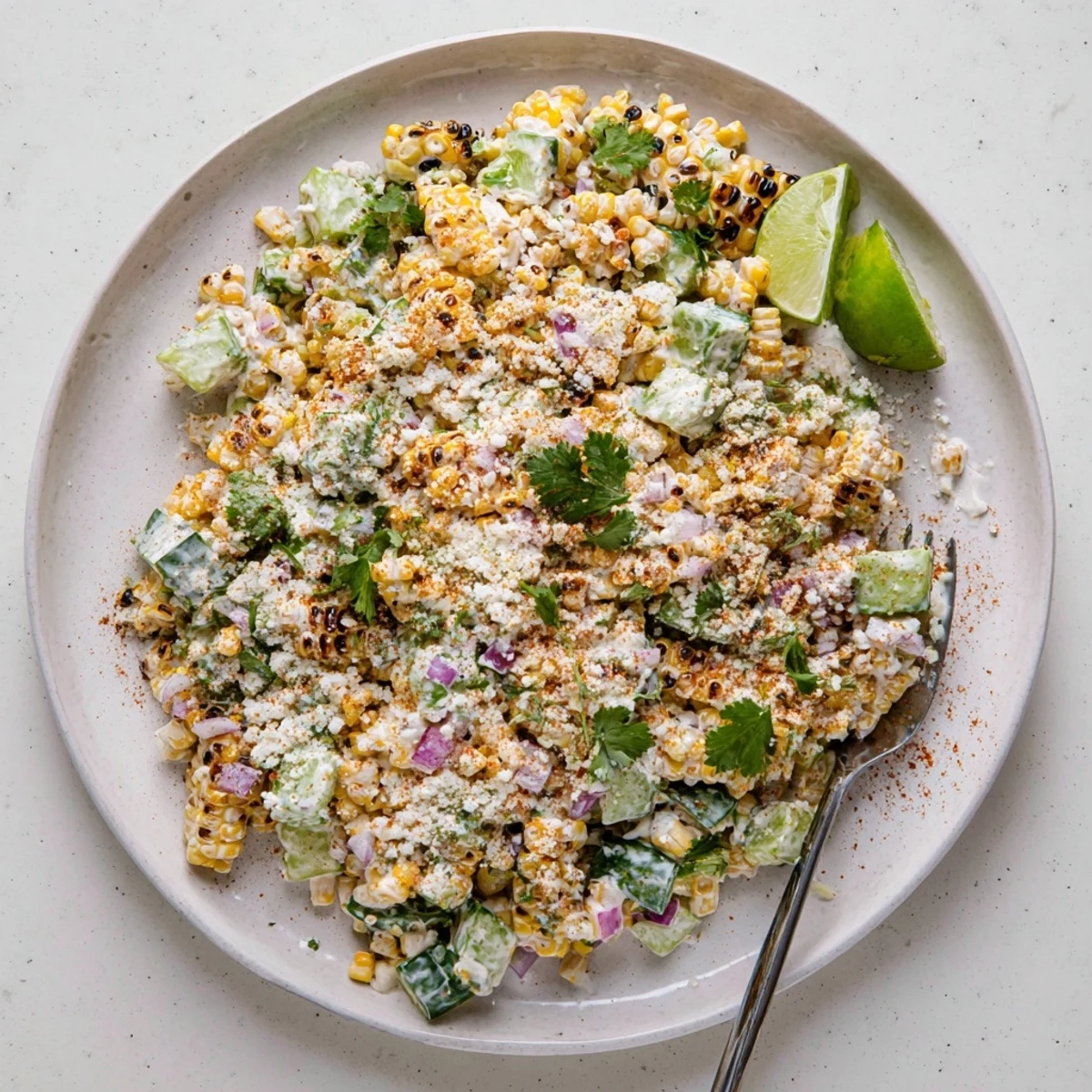 Fresh street corn creamy cucumber salad topped with crumbled cotija cheese and lime wedges