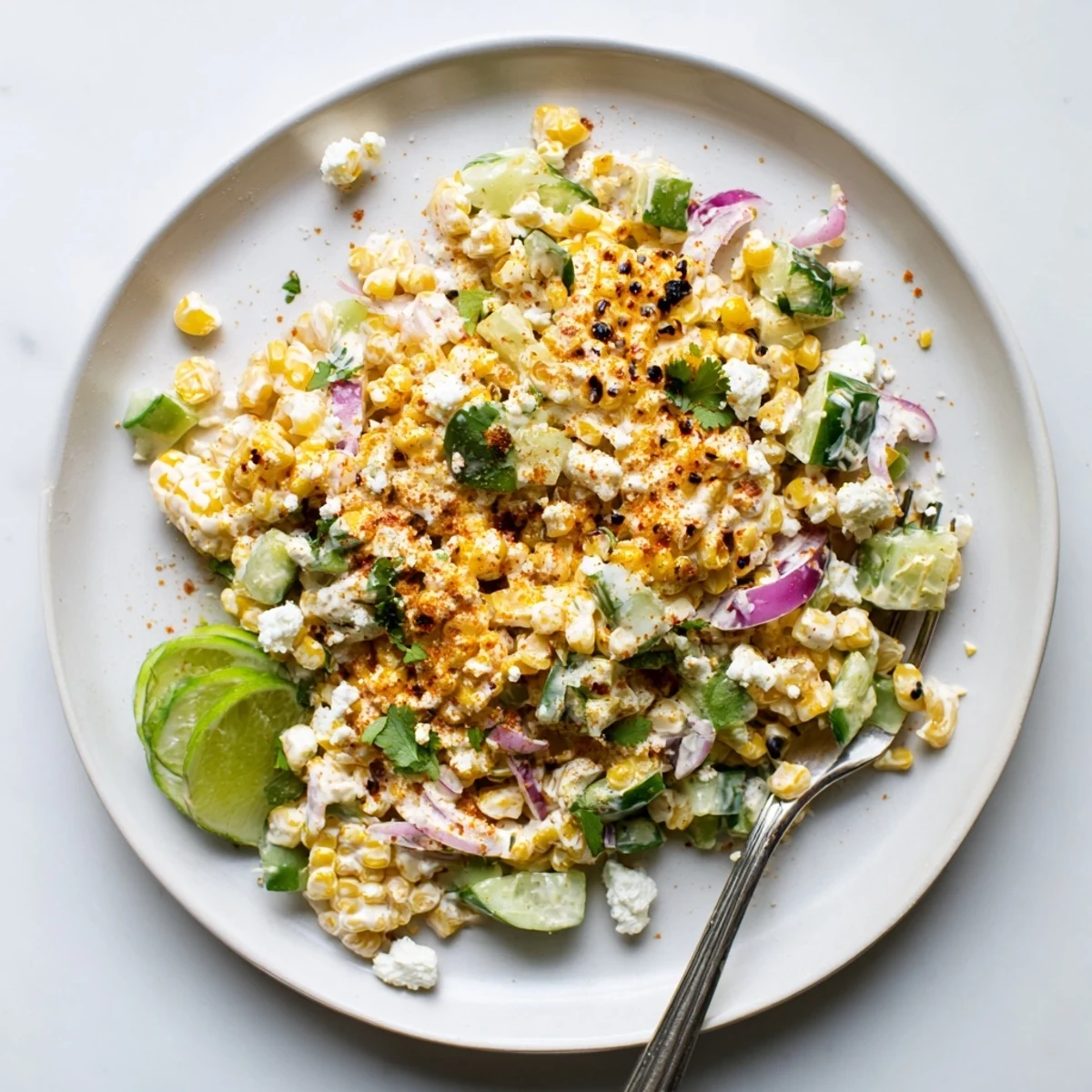 Vibrant bowl of street corn creamy cucumber salad garnished with cilantro and chili powder