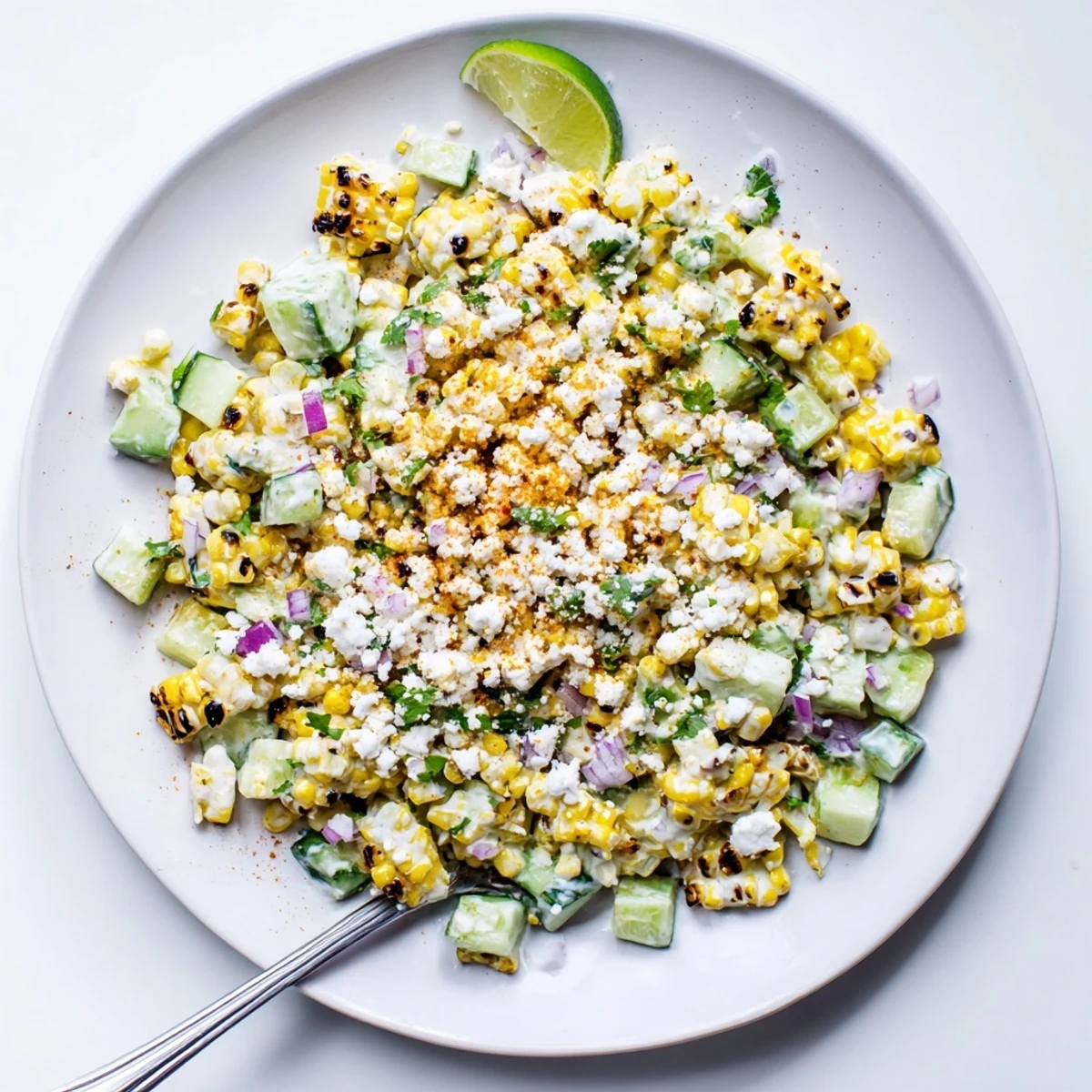 Mexican-inspired street corn creamy cucumber salad featuring charred corn kernels in tangy dressing