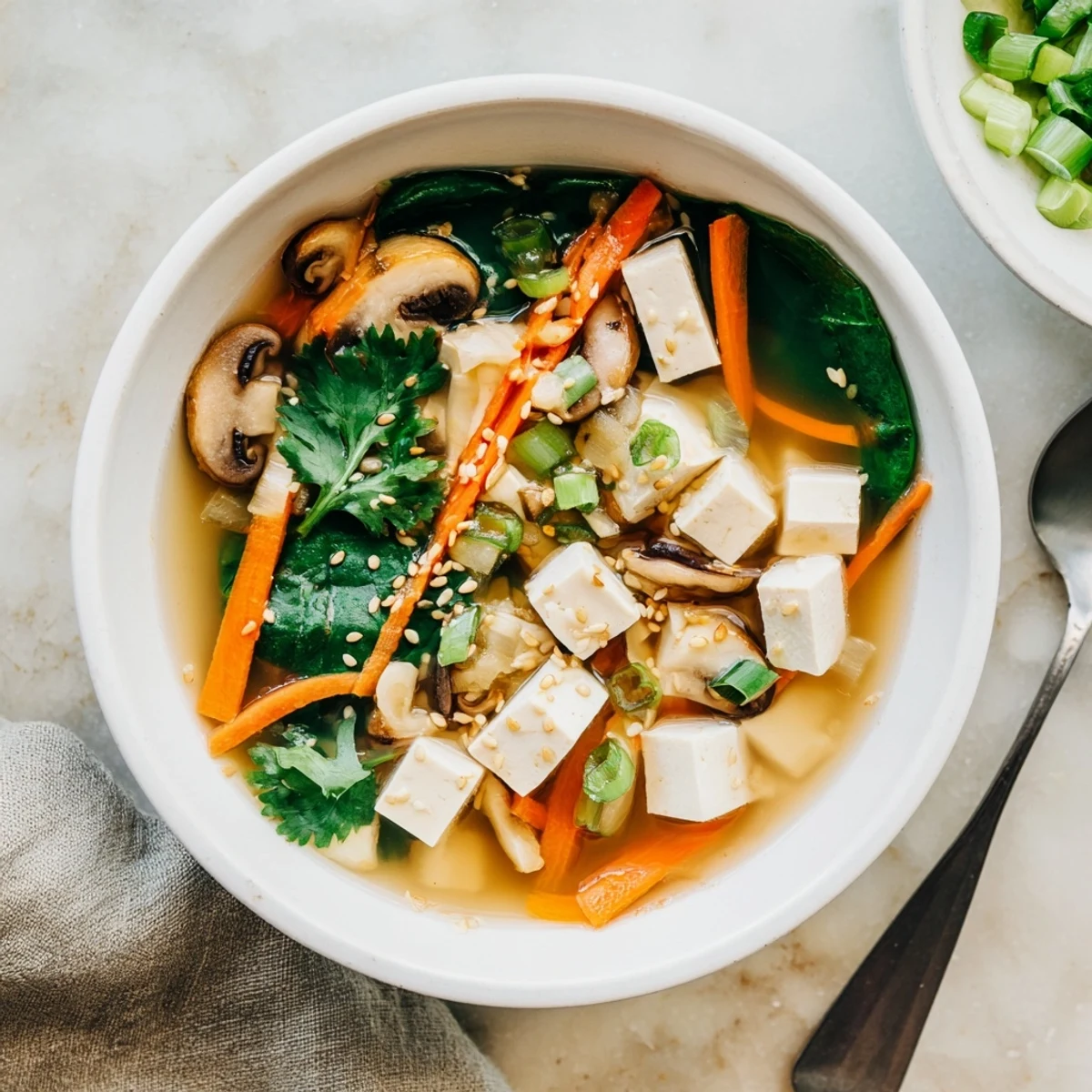 Creamy warm tofu soup with silken cubes, mushrooms, and spinach in aromatic vegetable broth