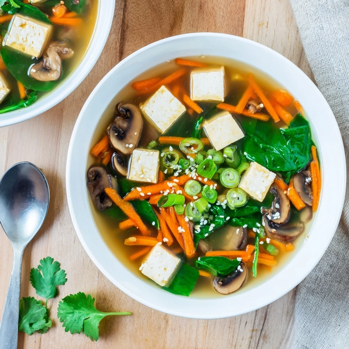 Comforting warm tofu soup featuring tender tofu, julienned carrots, and fresh green onions in savory miso broth