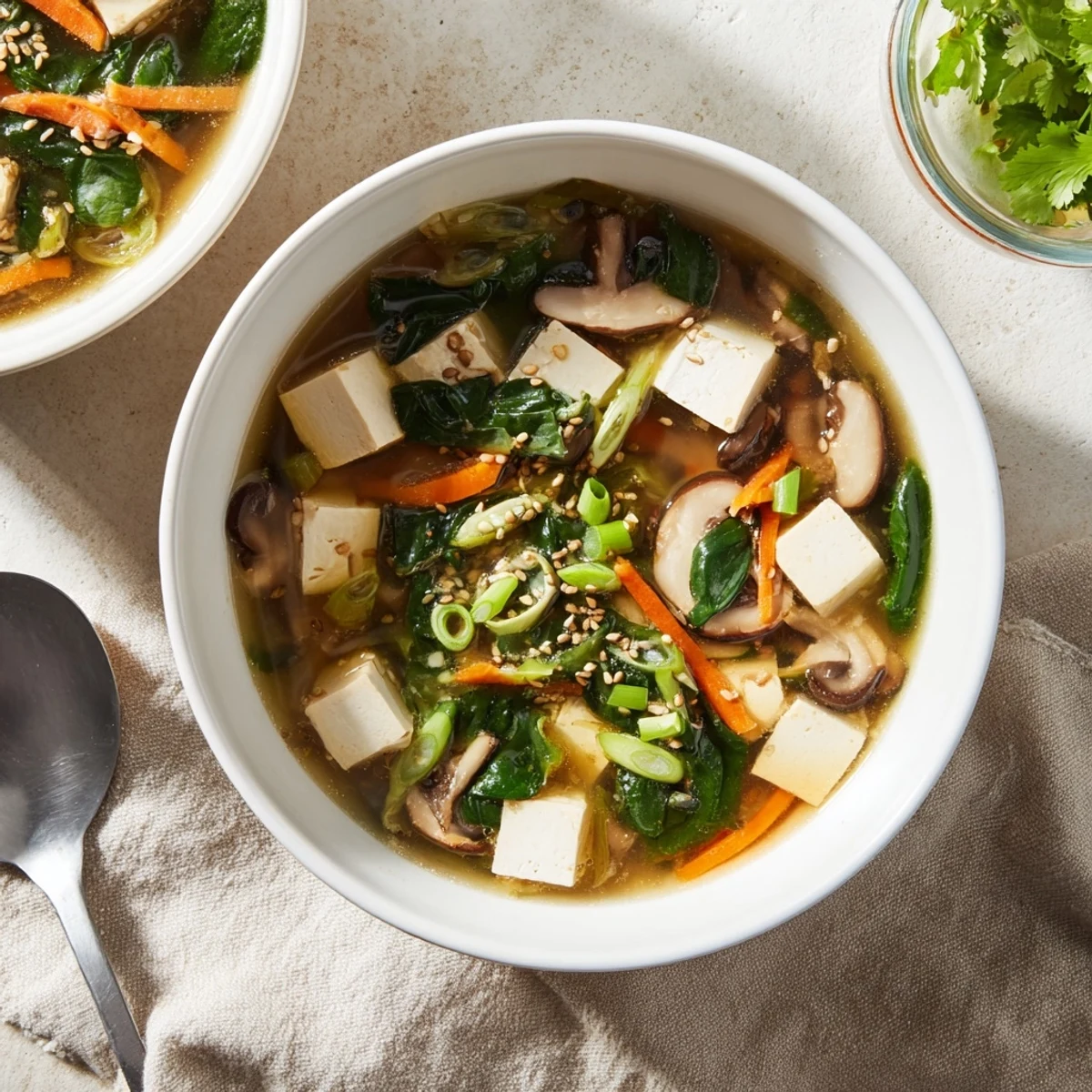 Steaming bowl of warm tofu soup garnished with sesame seeds, cilantro, and baby spinach in rich ginger broth