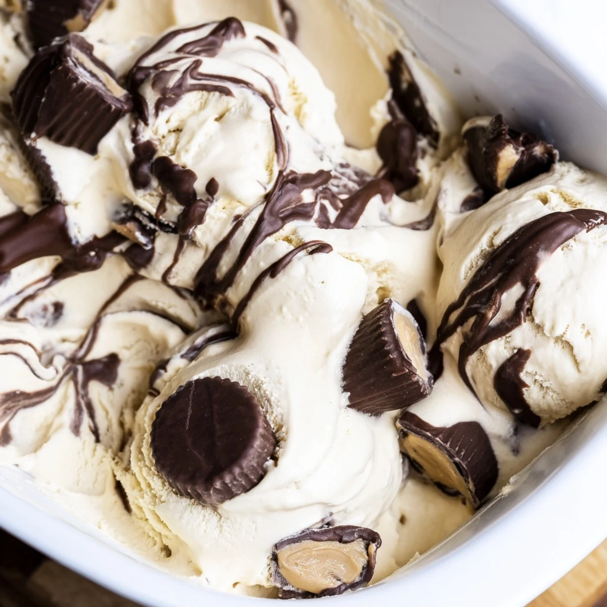 Creamy homemade Moose Tracks ice cream with fudge swirls and peanut butter cup pieces