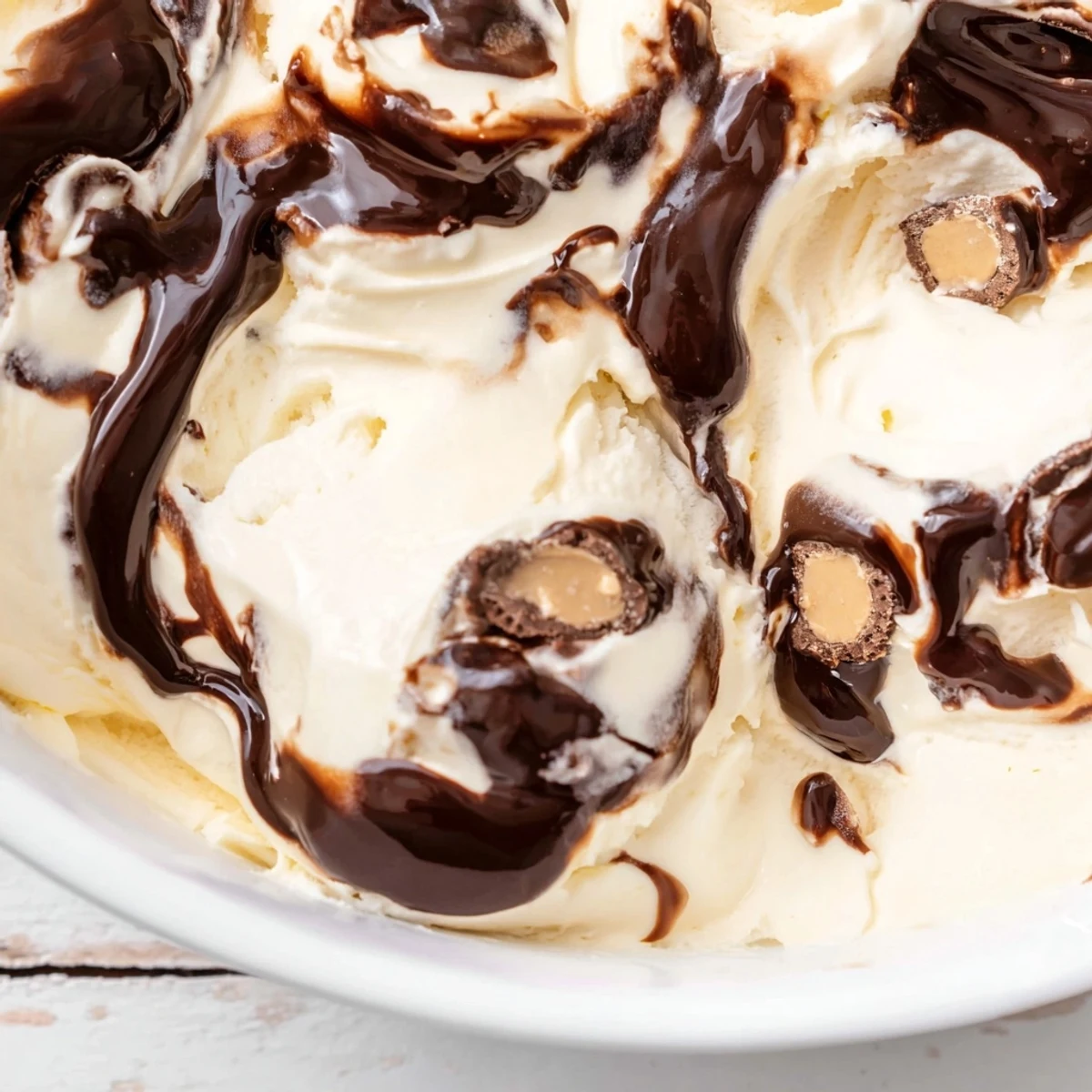 Scoop of Moose Tracks ice cream featuring gooey fudge and chocolate peanut butter candies