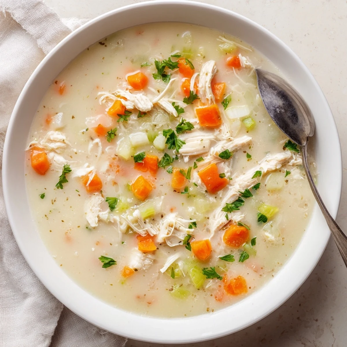 Velvety homemade cream of chicken soup with diced vegetables and tender chicken pieces