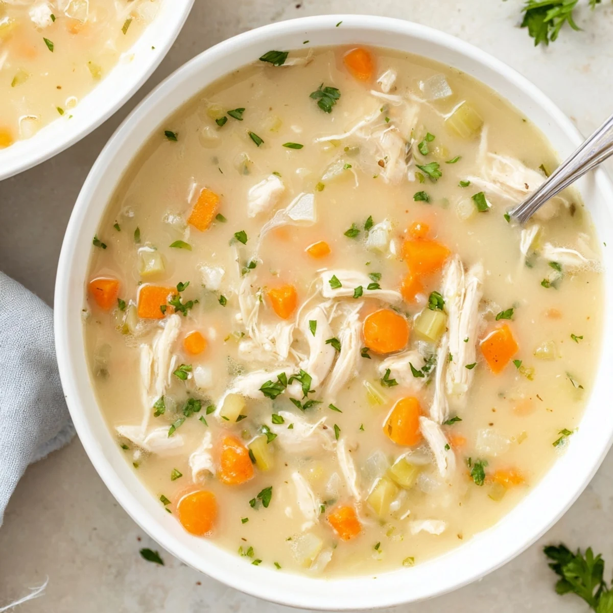 Cream of chicken soup in a white bowl topped with fresh parsley garnish