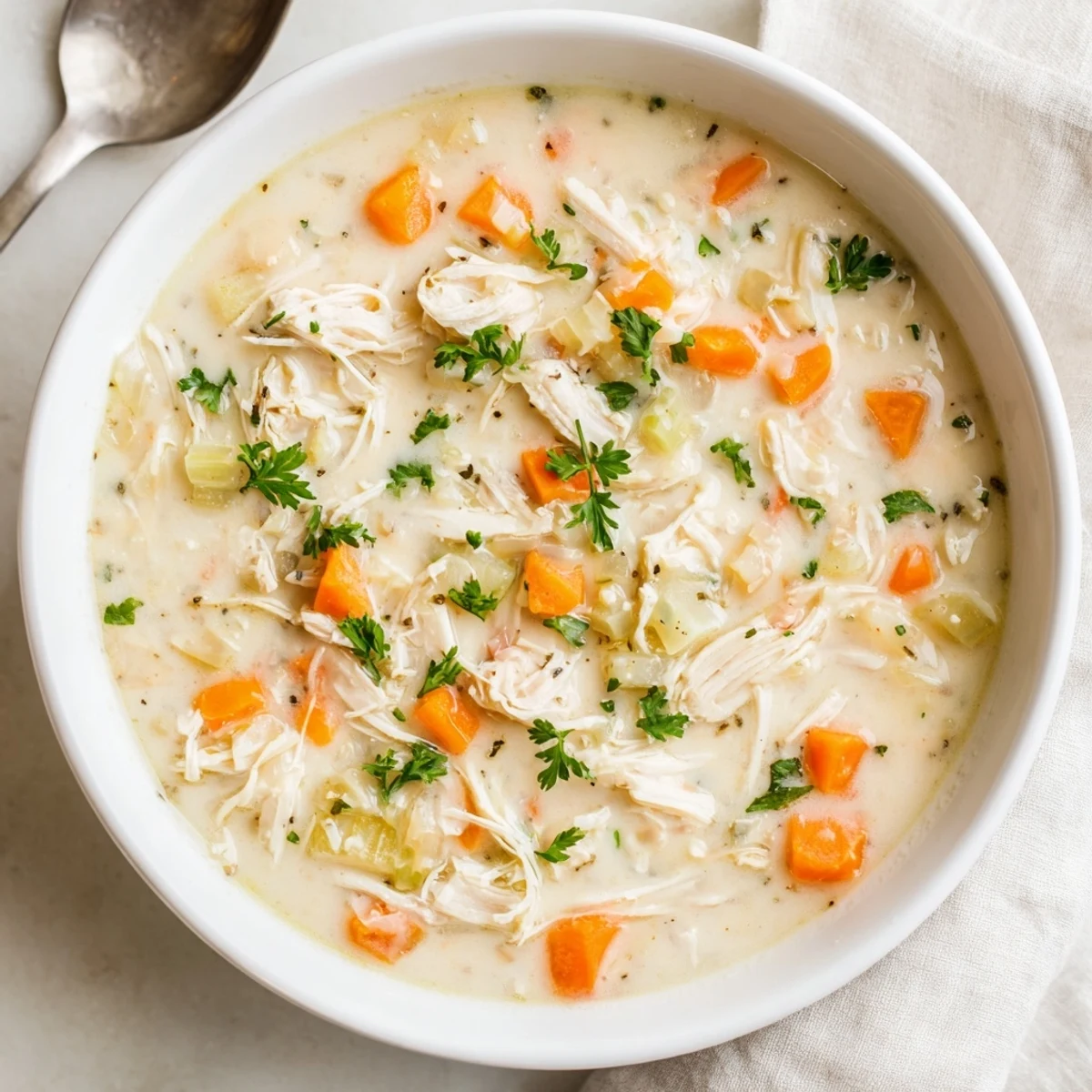 Steaming cream of chicken soup ladled into a bowl beside crusty bread slices