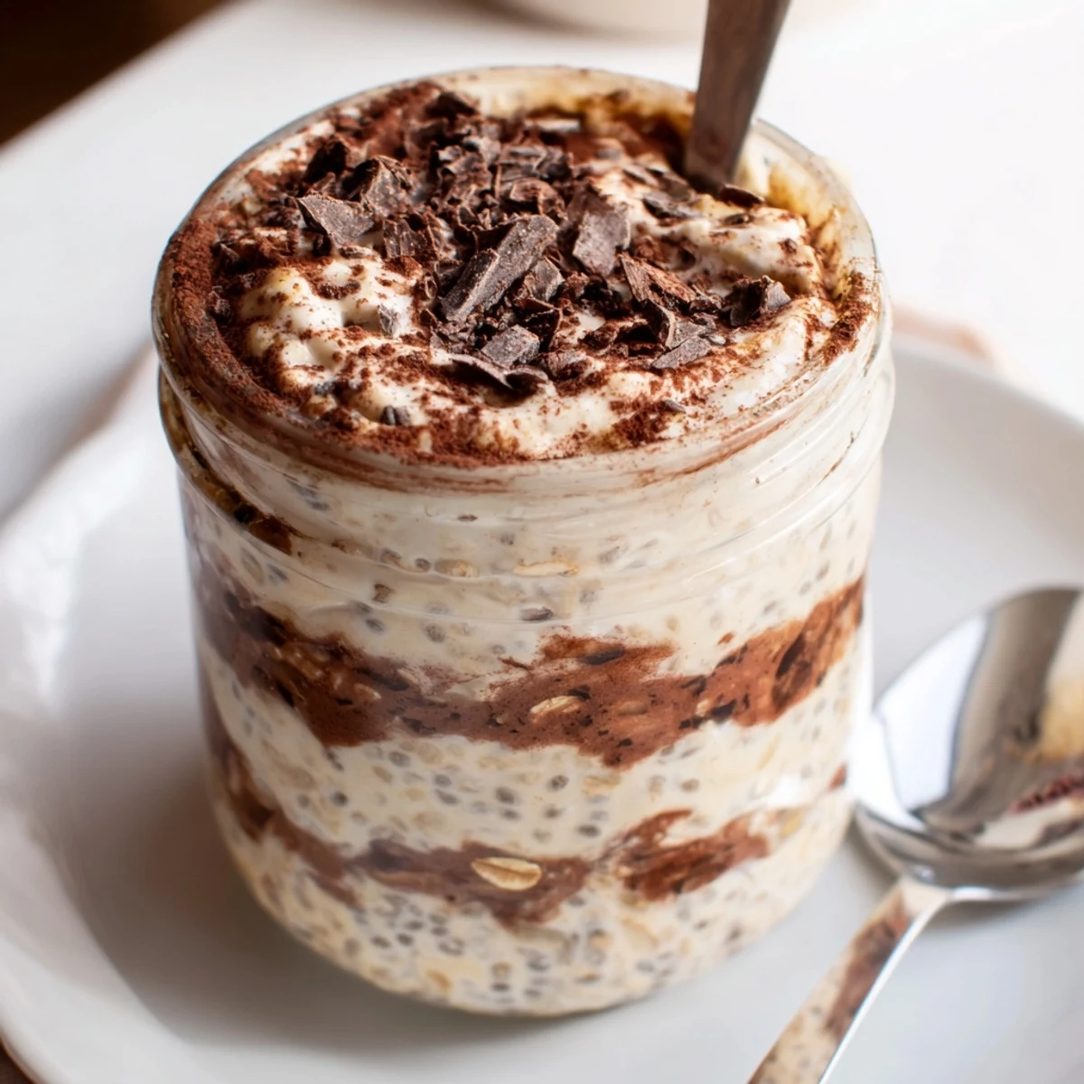 Creamy tiramisu overnight oats layered with rich espresso, cocoa dusting, and dark chocolate shavings in glass jars