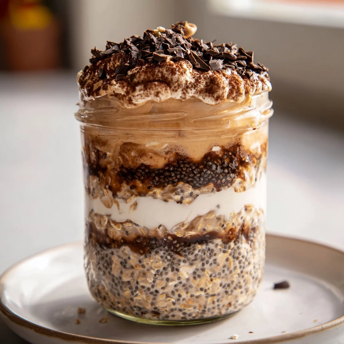 Decadent tiramisu overnight oats with espresso-soaked layers, Greek yogurt creaminess, and cocoa powder garnish