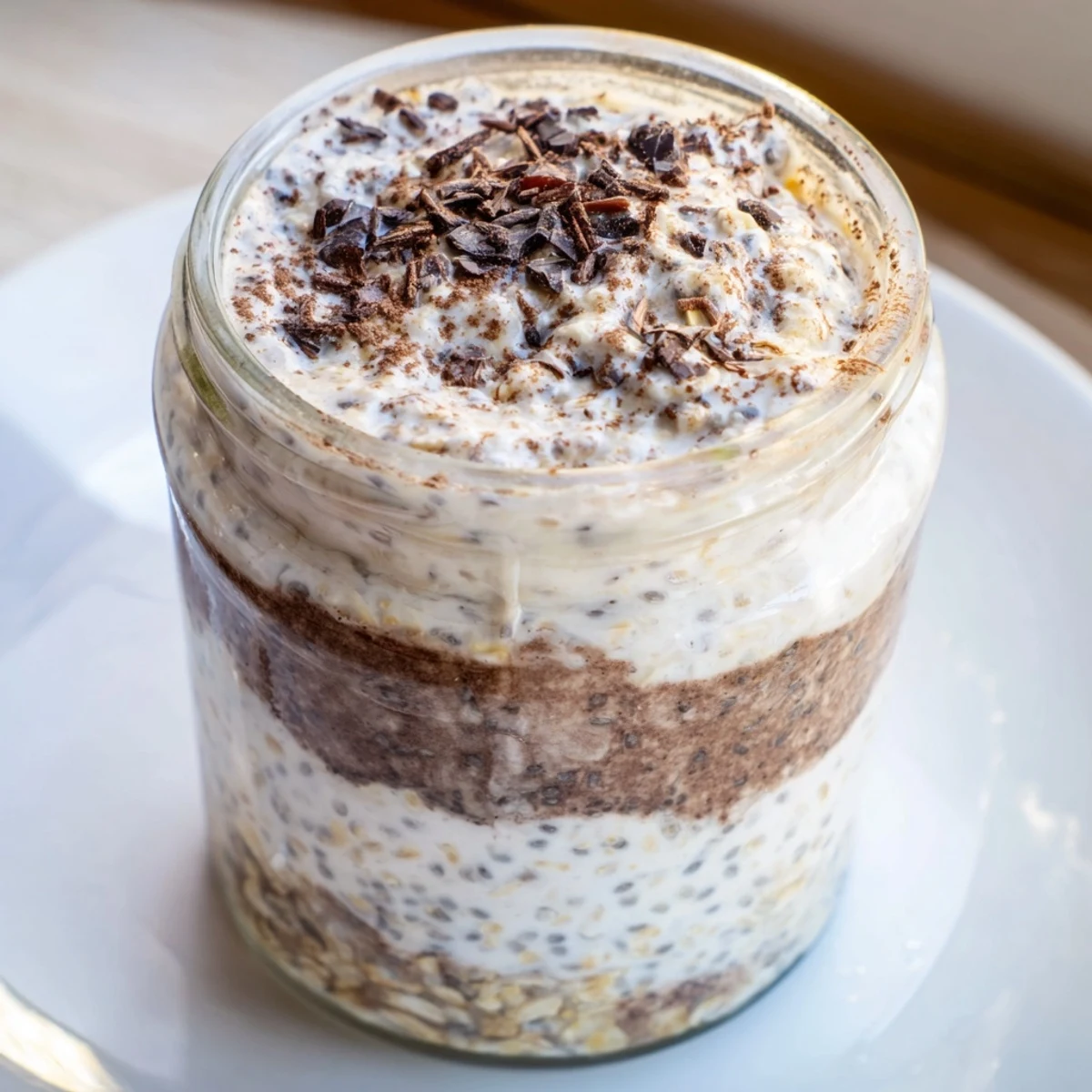 Healthy tiramisu overnight oats breakfast featuring mascarpone, coffee-swirled oats, and chocolate toppings ready to eat
