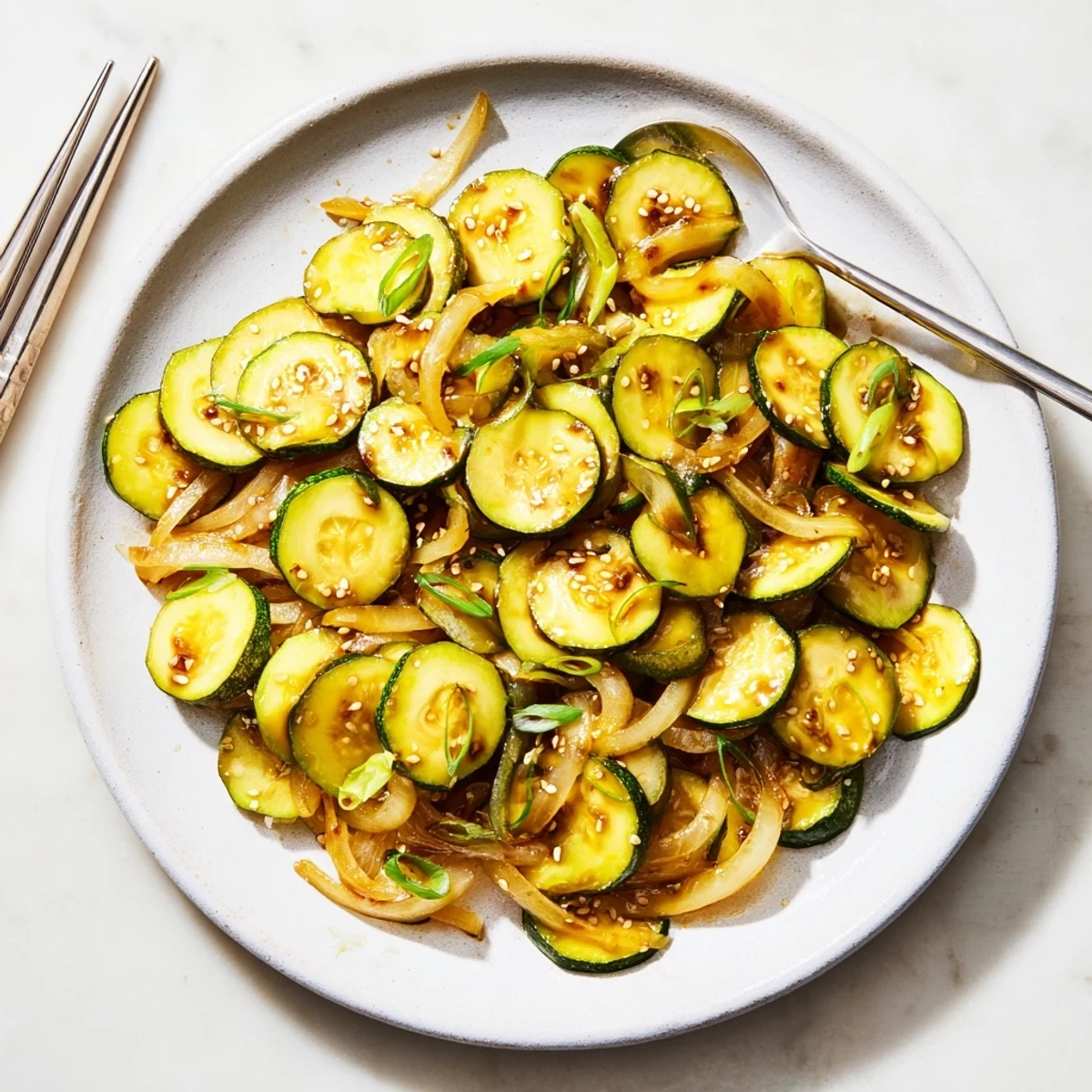 Fresh Japanese zucchini onion stir fry with green onions and sesame seed garnish