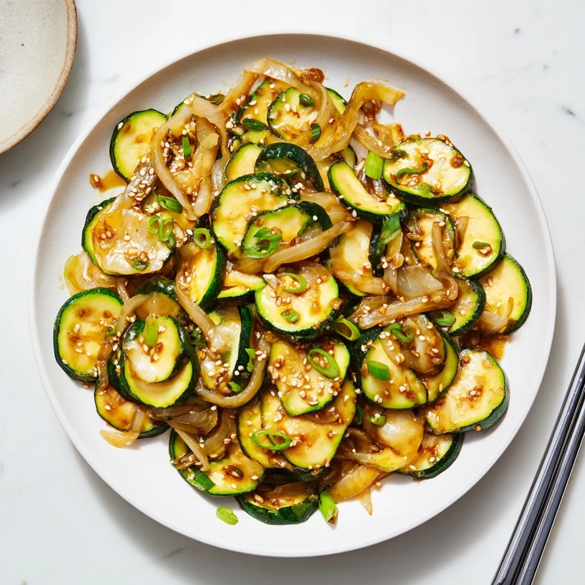 Golden tender zucchini and sweet onions glazed in savory Japanese soy mirin sauce