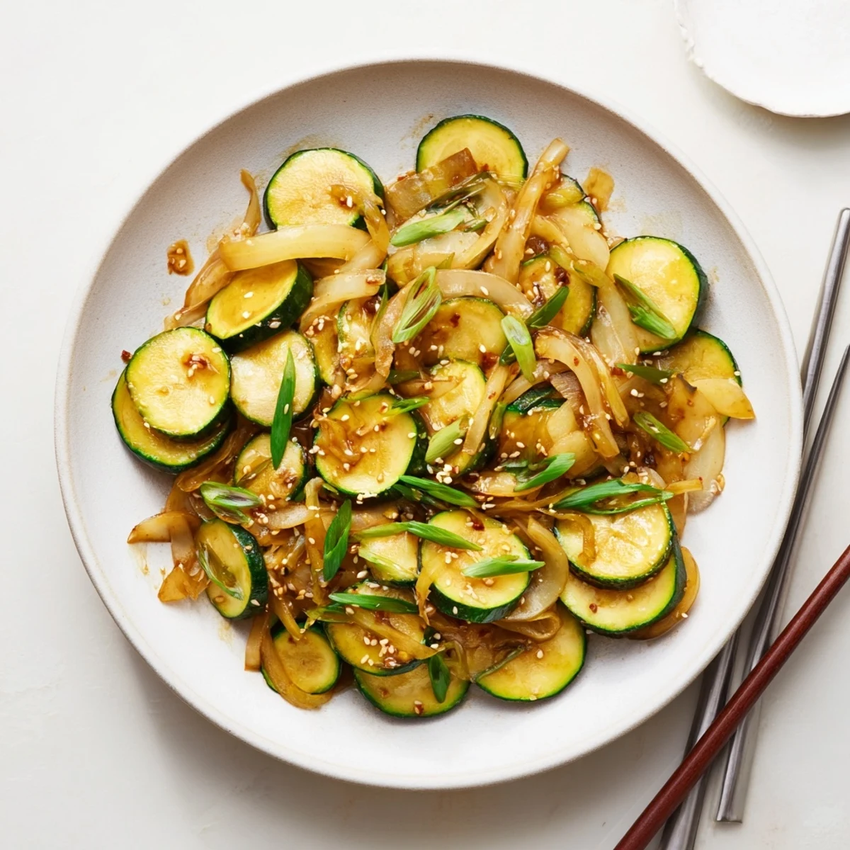 Glossy vegetable medley of crisp zucchini onions in aromatic sesame ginger soy glaze